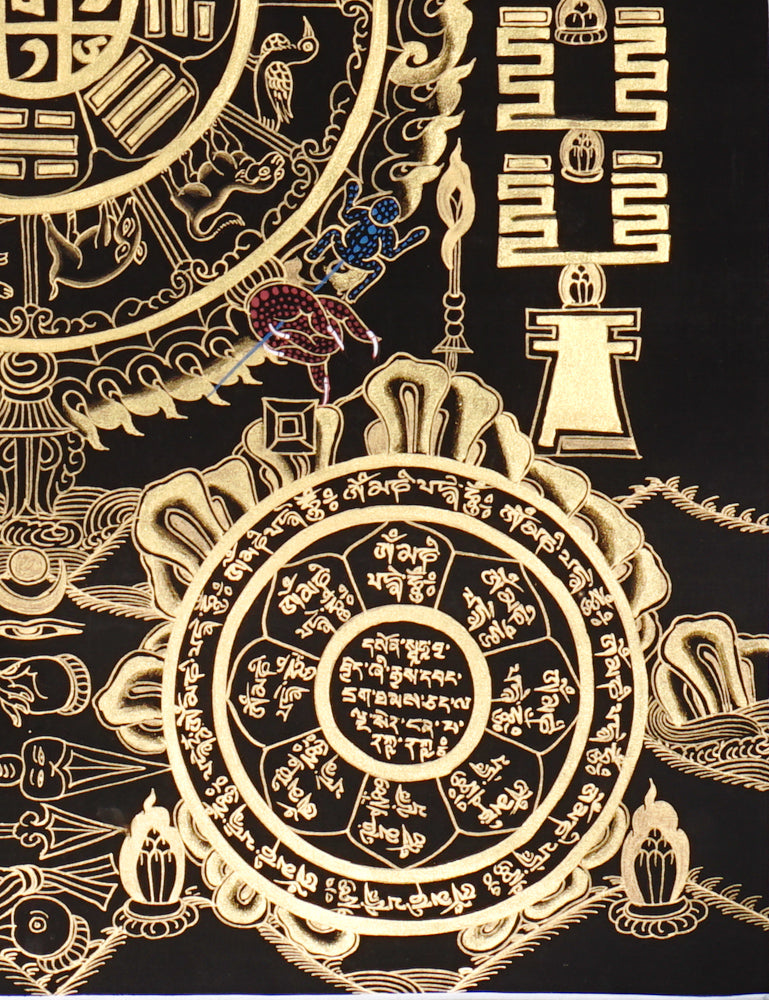 Gold-on-black Tibetan astrology calendar thangka with zodiac animals and sacred mandala wheel.