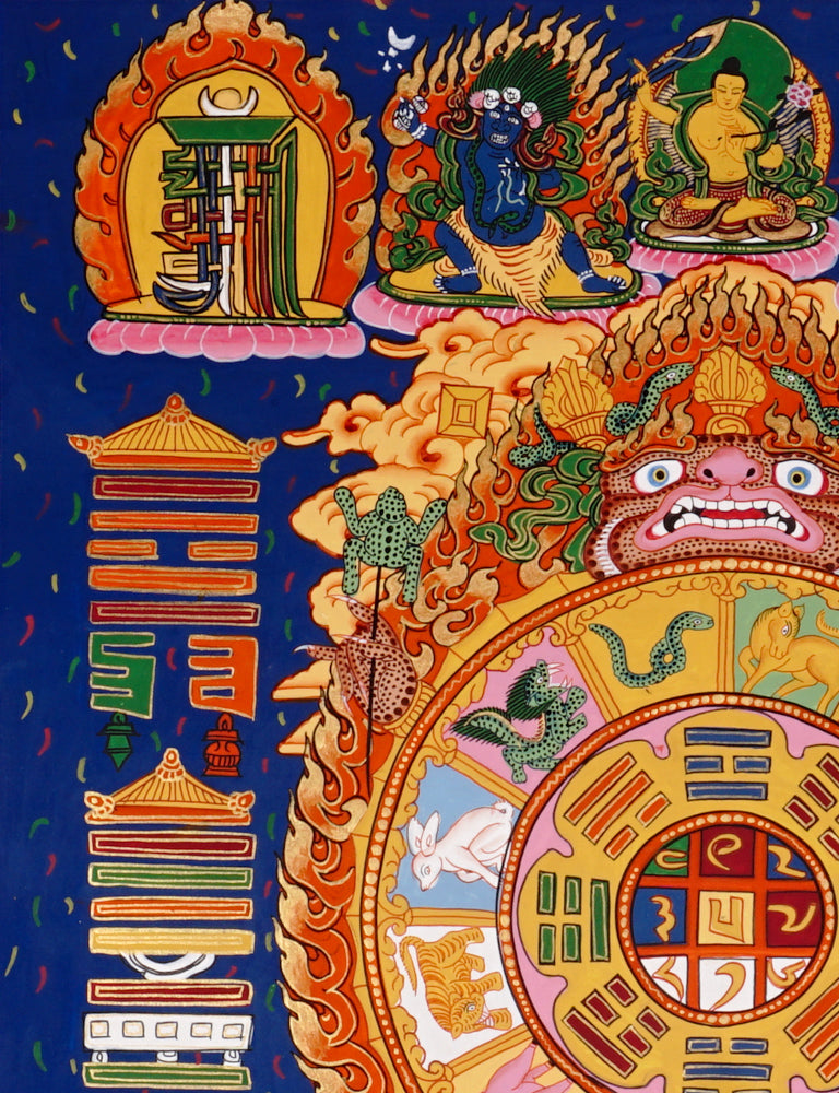 Hand-painted Tibetan astrology calendar thangka with zodiac animals and sacred mandala wheel.