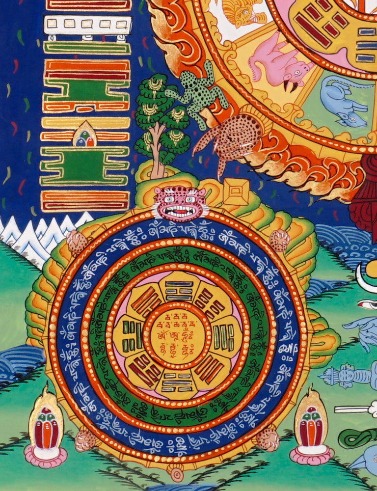 Hand-painted Tibetan astrology calendar thangka with zodiac animals and sacred mandala wheel.
