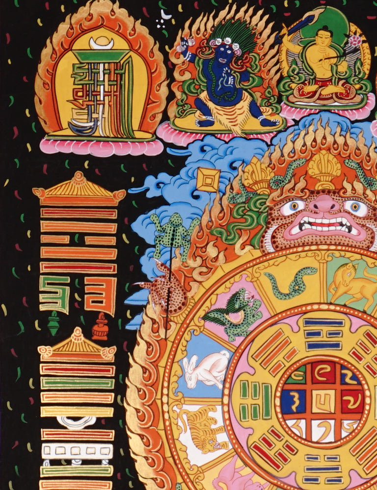 Hand-painted Tibetan astrology calendar thangka with zodiac animals and sacred mandala wheel.