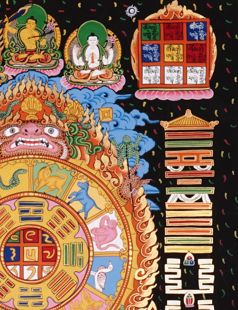 Hand-painted Tibetan astrology calendar thangka with zodiac animals and sacred mandala wheel.