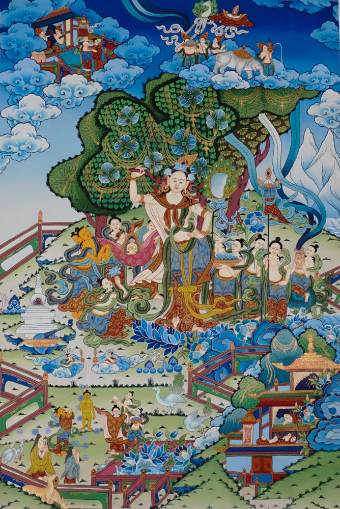 Hand-painted Queen Maya Devi thangka depicting the birth of Buddha in Lumbini Garden surrounded by attendants and celestial beings.