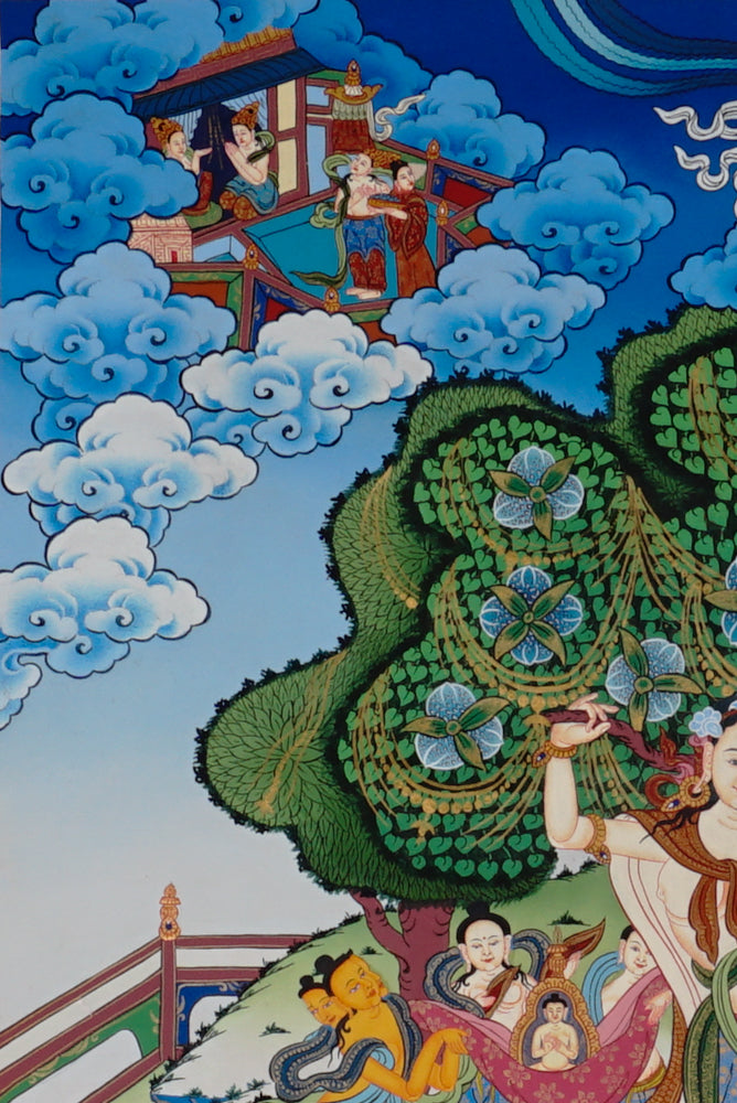 Hand-painted Queen Maya Devi thangka depicting the birth of Buddha in Lumbini Garden surrounded by attendants and celestial beings.