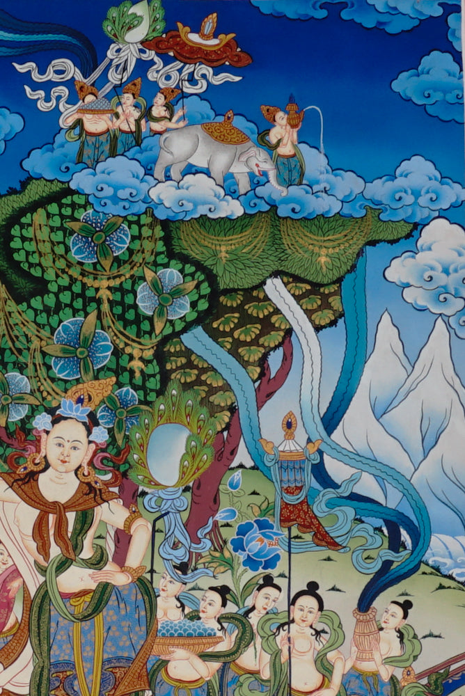 Hand-painted Queen Maya Devi thangka depicting the birth of Buddha in Lumbini Garden surrounded by attendants and celestial beings.