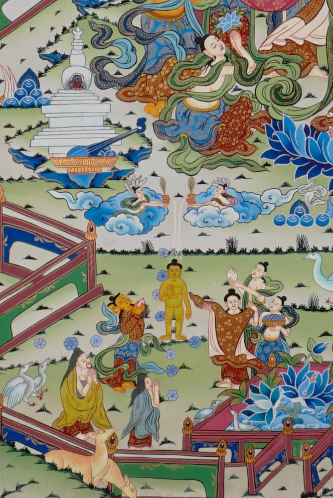 Hand-painted Queen Maya Devi thangka depicting the birth of Buddha in Lumbini Garden surrounded by attendants and celestial beings.