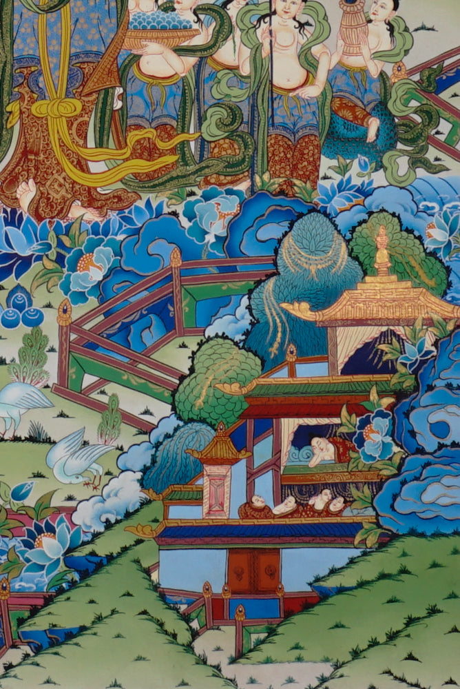 Hand-painted Queen Maya Devi thangka depicting the birth of Buddha in Lumbini Garden surrounded by attendants and celestial beings.