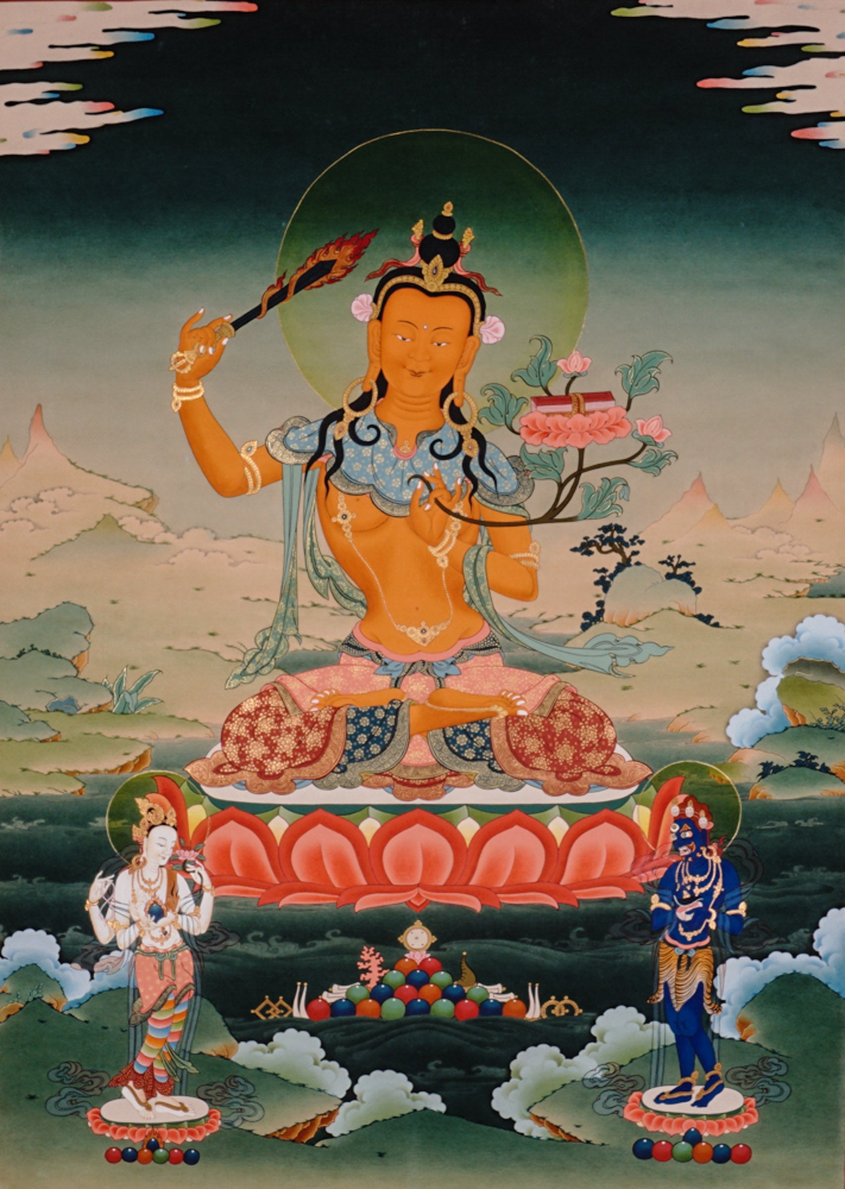 Handpainted Tibetan thangka of Manjushree Bodhisattva holding flaming wisdom sword and lotus scripture, seated on lotus throne in a serene Himalayan landscape.
