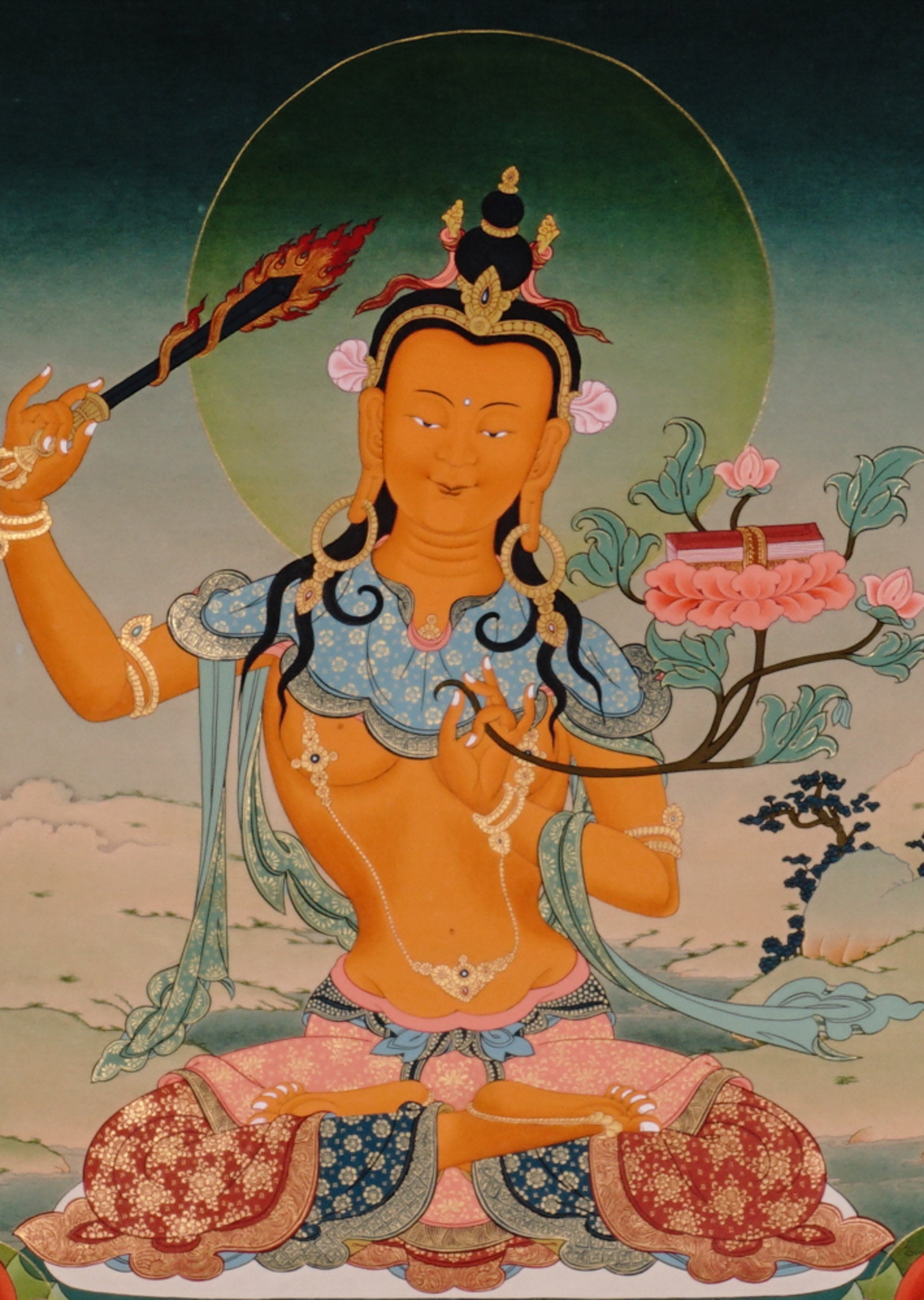 Handpainted Tibetan thangka of Manjushree Bodhisattva holding flaming wisdom sword and lotus scripture, seated on lotus throne in a serene Himalayan landscape.