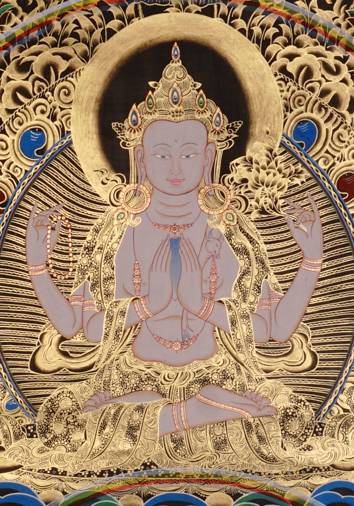 Hand-painted Chenrezig Avalokiteshvara thangka in gold on black style showing four-armed bodhisattva holding mala and lotus with Amitabha Buddha above.
