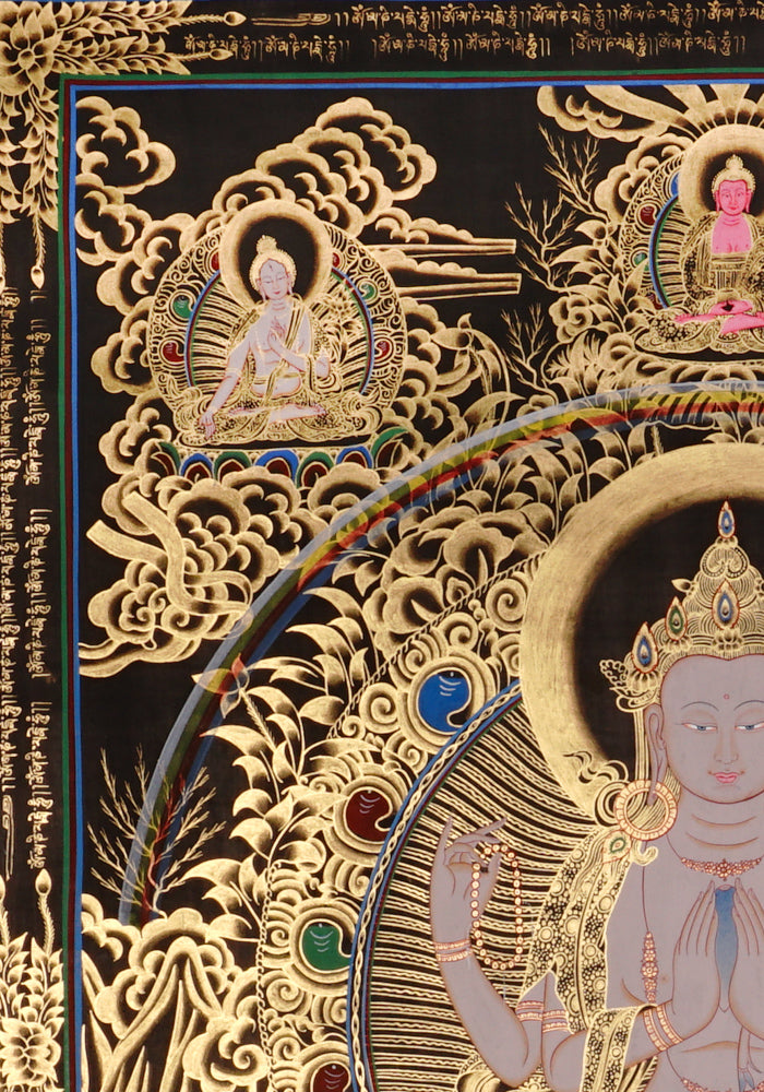 Hand-painted Chenrezig Avalokiteshvara thangka in gold on black style showing four-armed bodhisattva holding mala and lotus with Amitabha Buddha above.