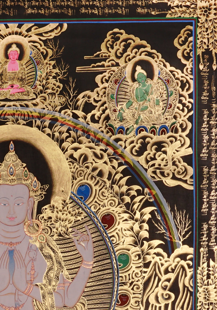 Hand-painted Chenrezig Avalokiteshvara thangka in gold on black style showing four-armed bodhisattva holding mala and lotus with Amitabha Buddha above.