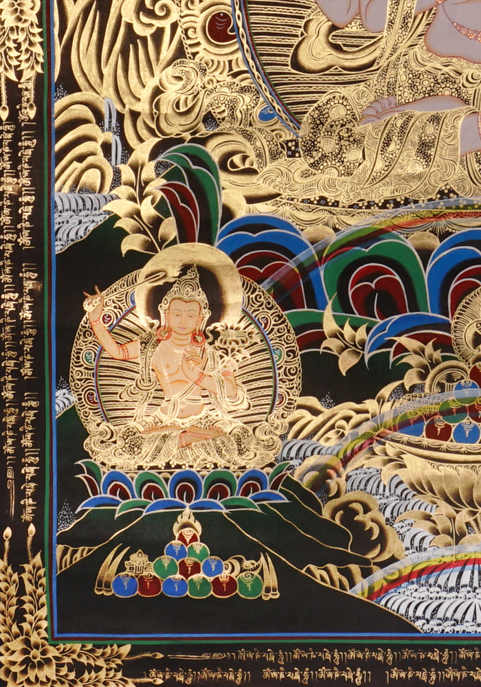 Hand-painted Chenrezig Avalokiteshvara thangka in gold on black style showing four-armed bodhisattva holding mala and lotus with Amitabha Buddha above.