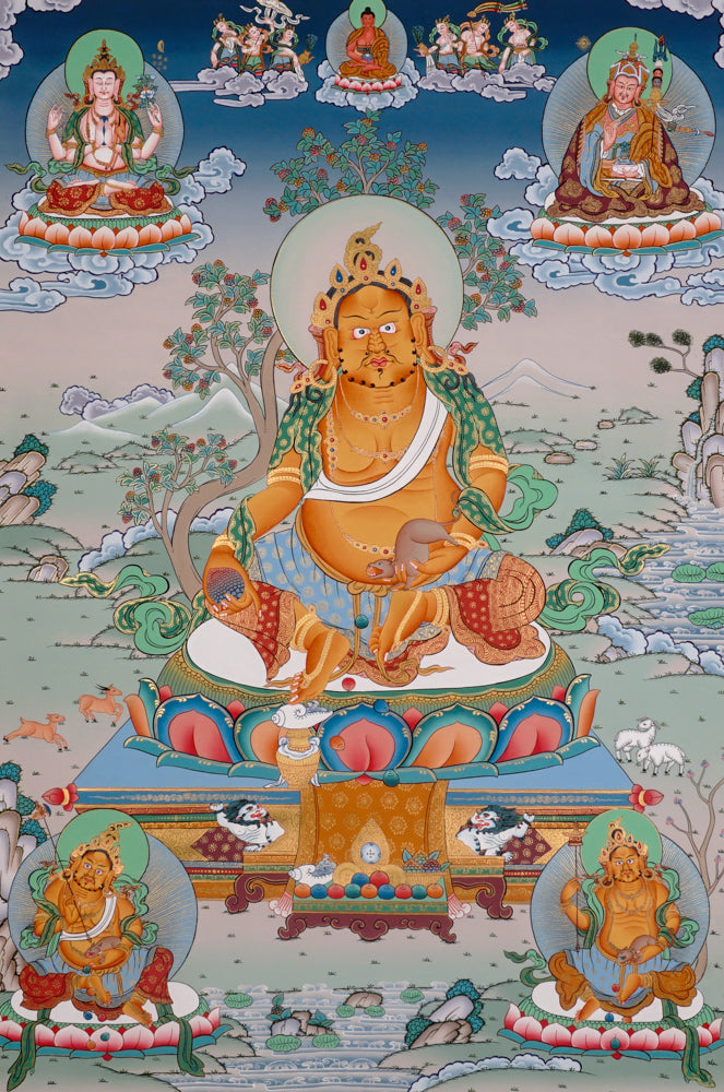Hand-painted Yellow Dzambhala thangka showing Tibetan wealth deity holding mongoose and citron seated on lotus throne surrounded by Buddhist figures.