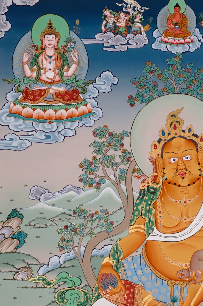 Hand-painted Yellow Dzambhala thangka showing Tibetan wealth deity holding mongoose and citron seated on lotus throne surrounded by Buddhist figures.