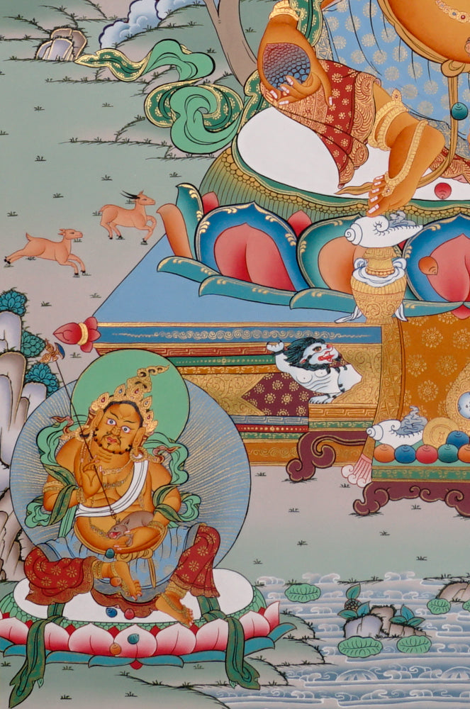 Hand-painted Yellow Dzambhala thangka showing Tibetan wealth deity holding mongoose and citron seated on lotus throne surrounded by Buddhist figures.