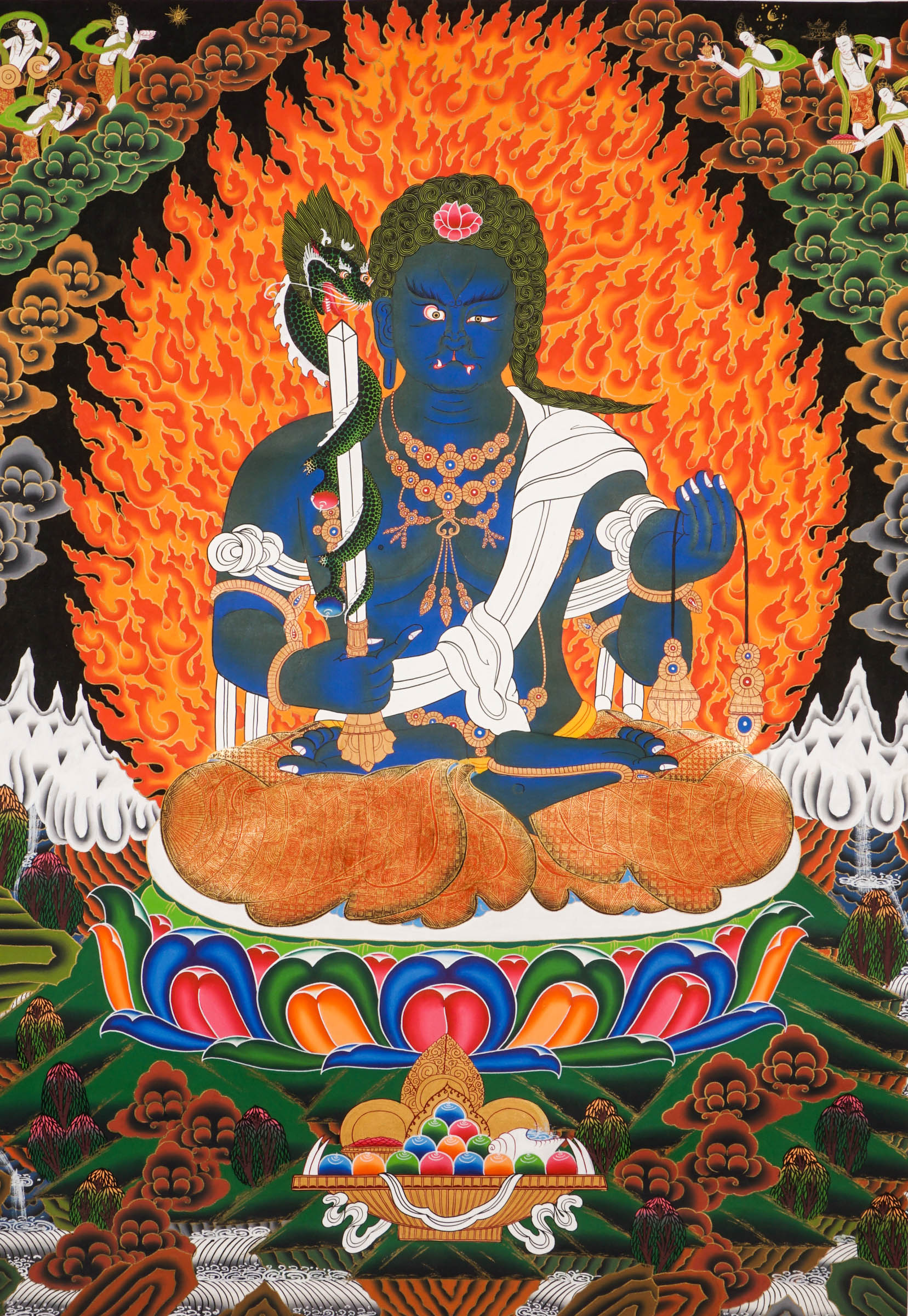 Traditional Tibetan thangka painting depicting Yamaraj, a blue-skinned wrathful deity seated on a lotus throne, surrounded by blazing flames, clouds, and symbolic ornaments against a dark background.