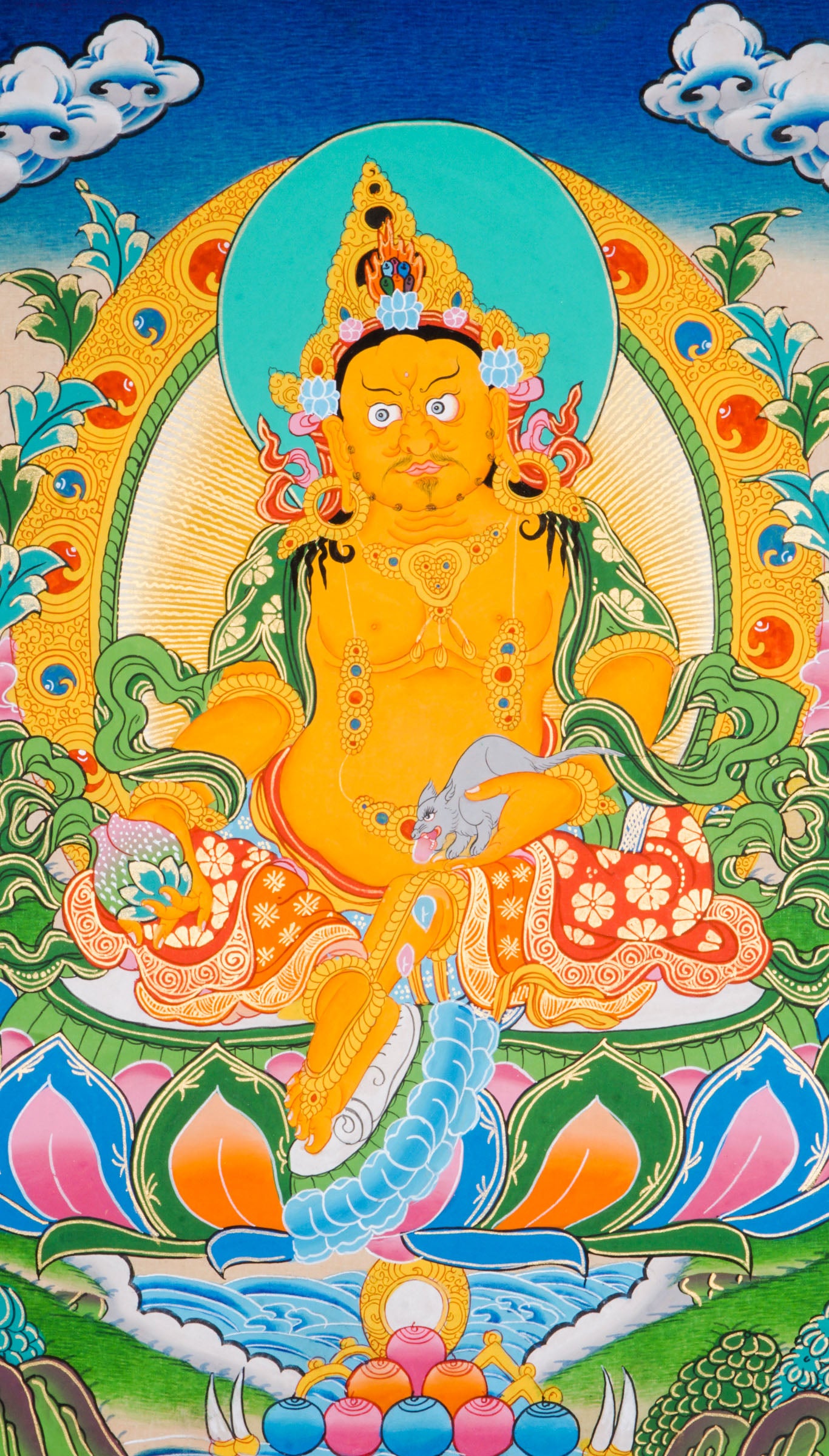 This is a hand-painted Thangka art showcasing wrathful deity Yellow Zambala in Nepal using 24k gold and natural pigments.