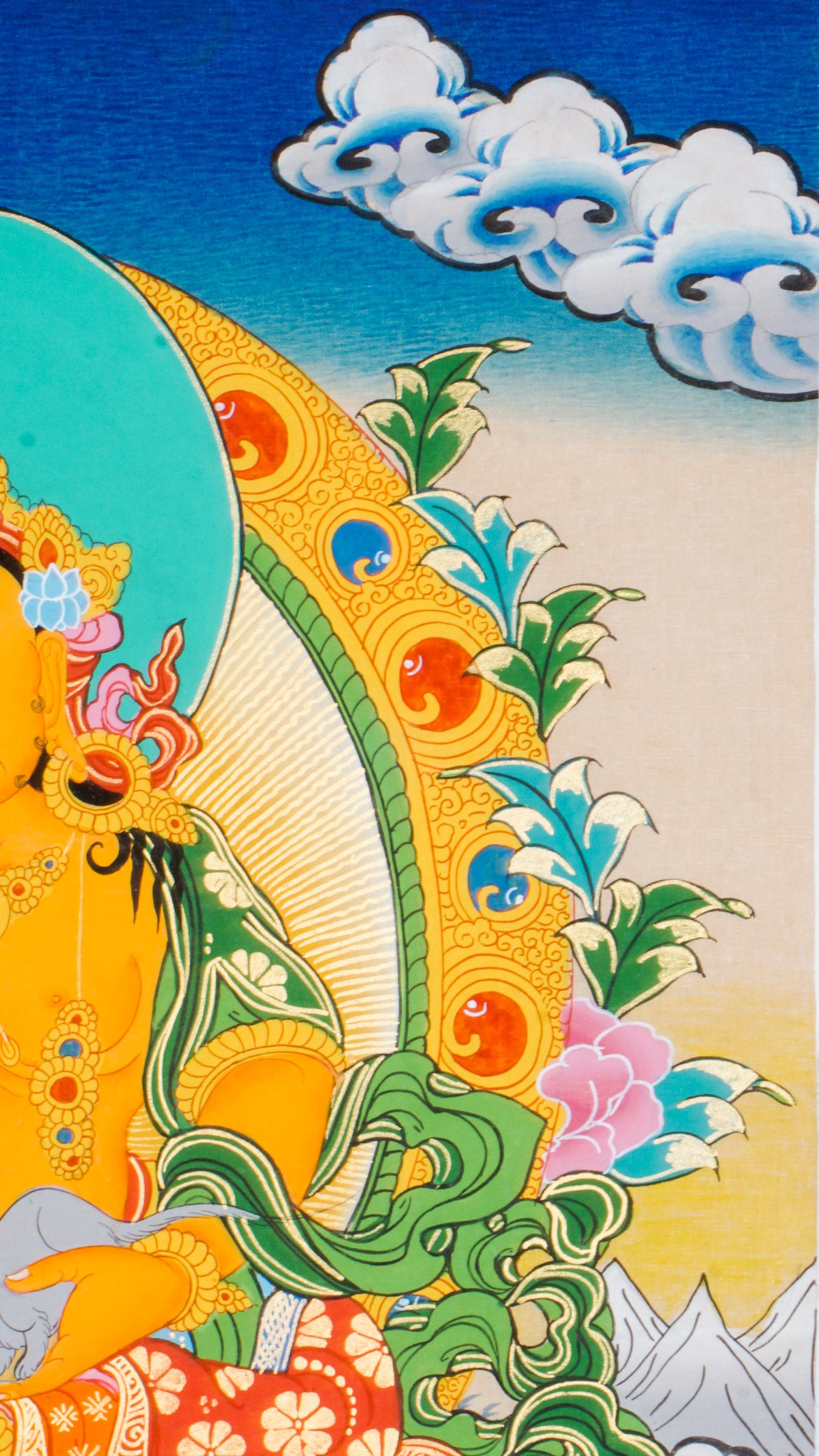 This is a hand-painted Thangka art showcasing wrathful deity Yellow Zambala in Nepal using 24k gold and natural pigments.