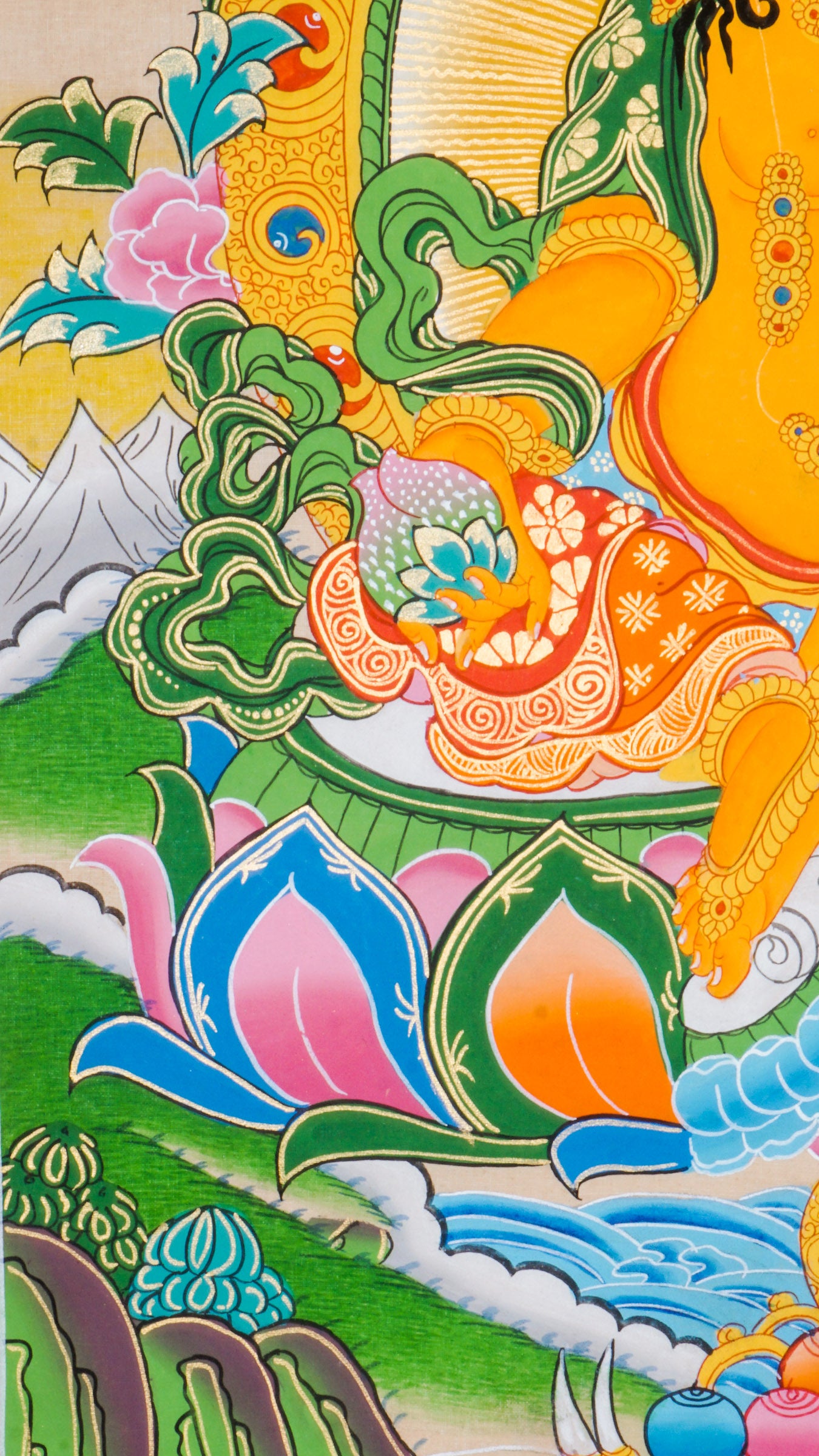 This is a hand-painted Thangka art showcasing wrathful deity Yellow Zambala in Nepal using 24k gold and natural pigments.