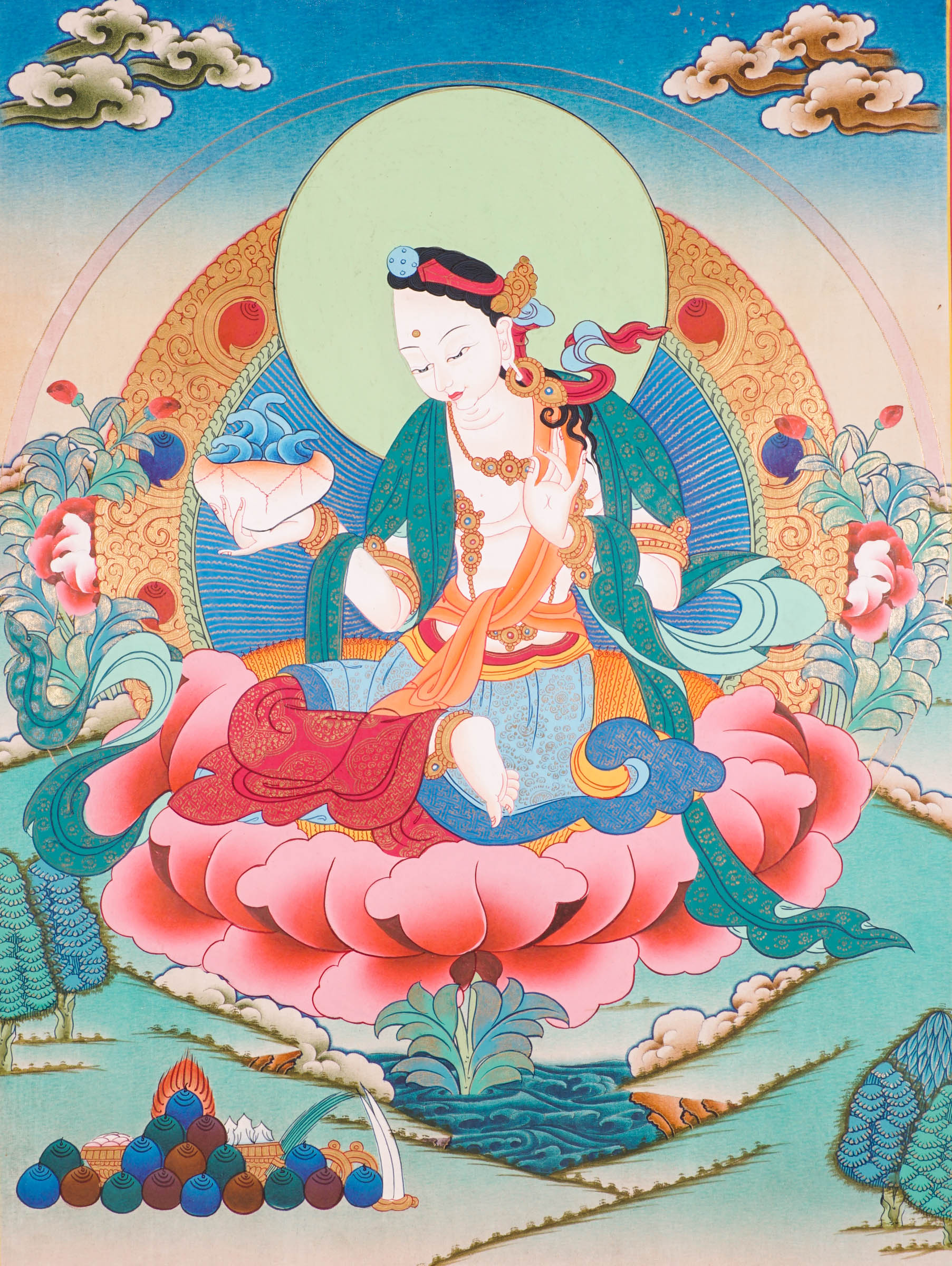 A sacred artwork of Yeshe Tsogyal seated peacefully in meditation on a radiant lotus throne, symbolizing purity and spiritual awakening.