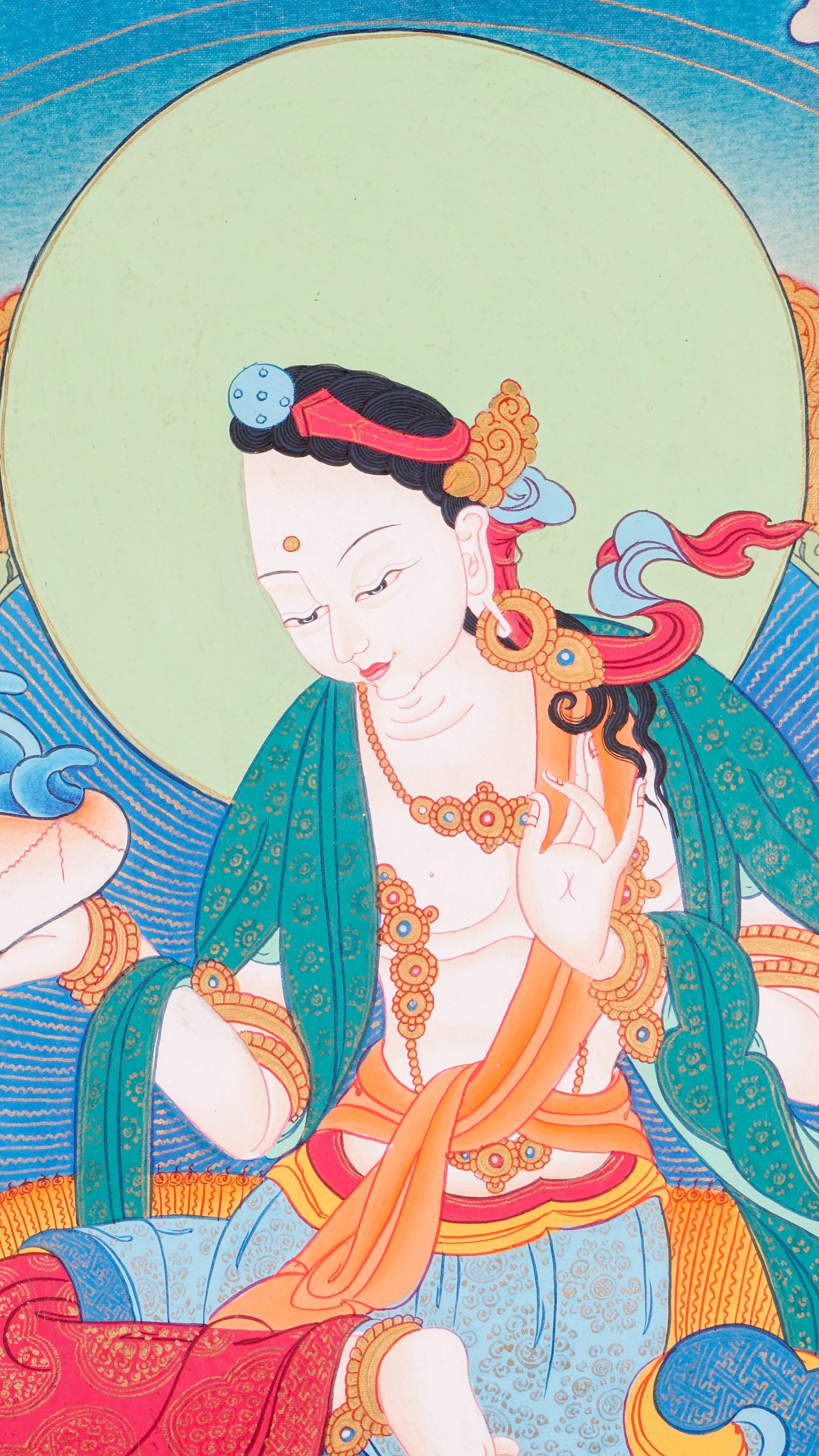 A sacred artwork of Yeshe Tsogyal seated peacefully in meditation on a radiant lotus throne, symbolizing purity and spiritual awakening.