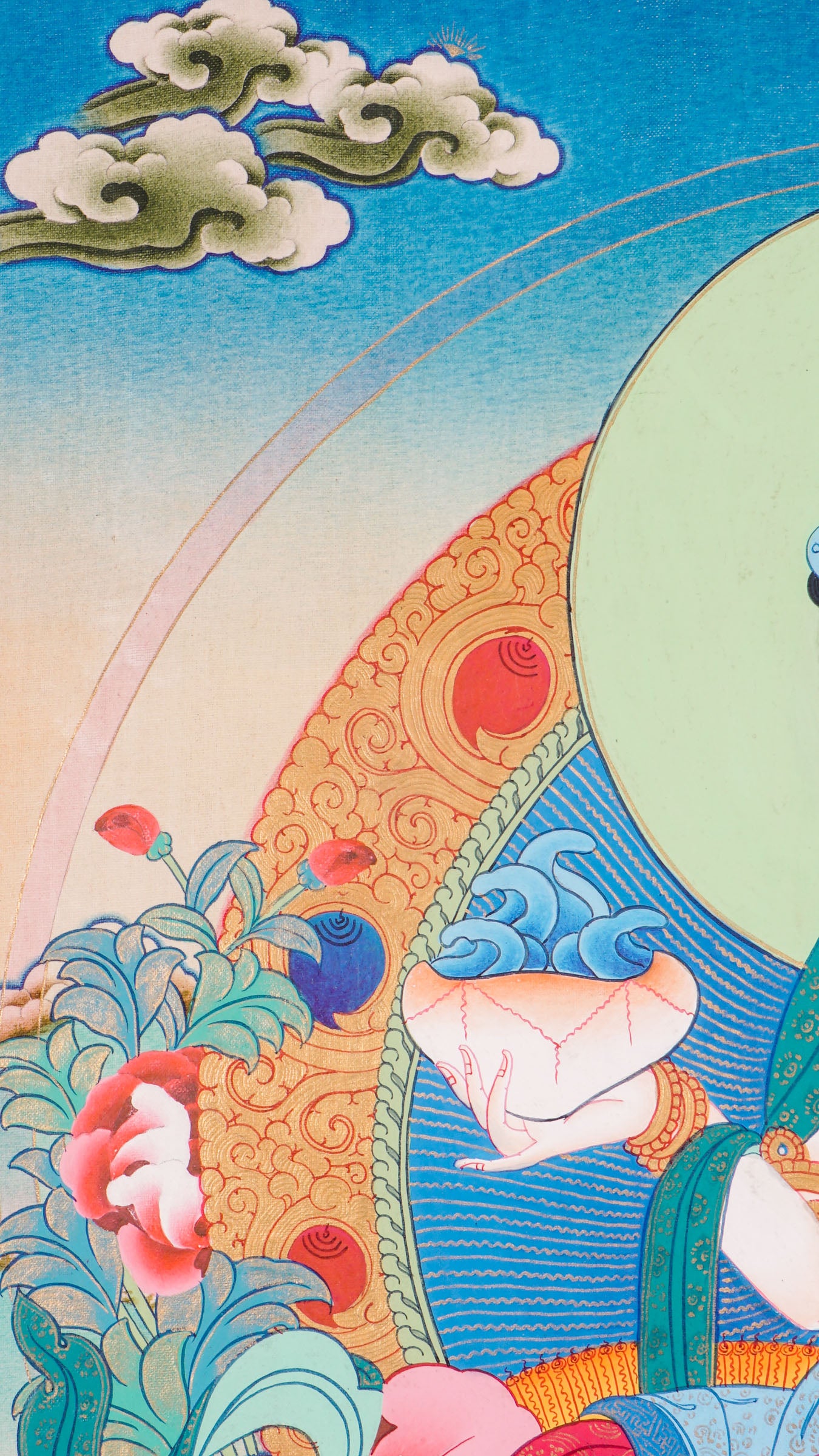 A sacred artwork of Yeshe Tsogyal seated peacefully in meditation on a radiant lotus throne, symbolizing purity and spiritual awakening.