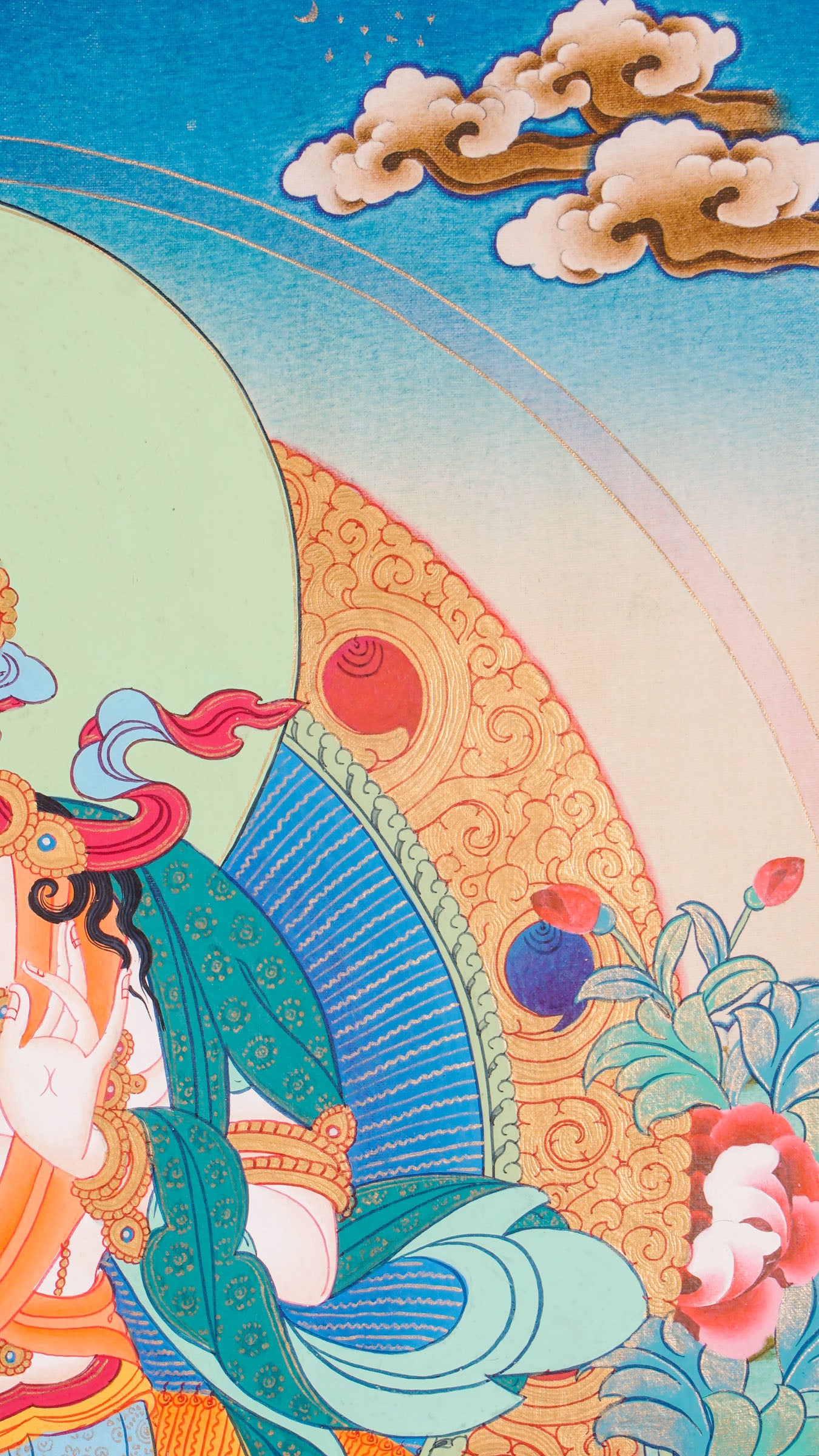 A sacred artwork of Yeshe Tsogyal seated peacefully in meditation on a radiant lotus throne, symbolizing purity and spiritual awakening.