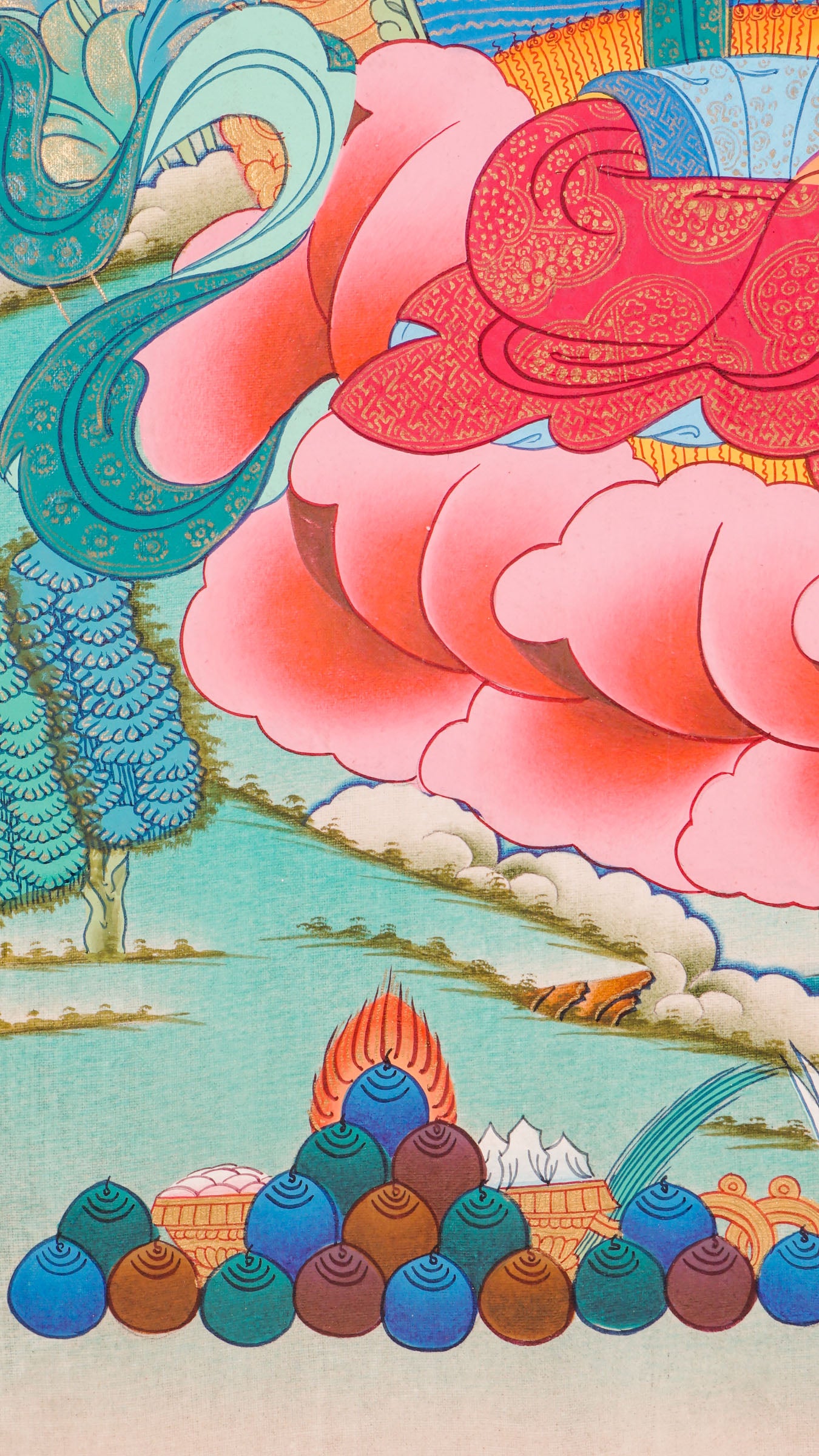 A sacred artwork of Yeshe Tsogyal seated peacefully in meditation on a radiant lotus throne, symbolizing purity and spiritual awakening.