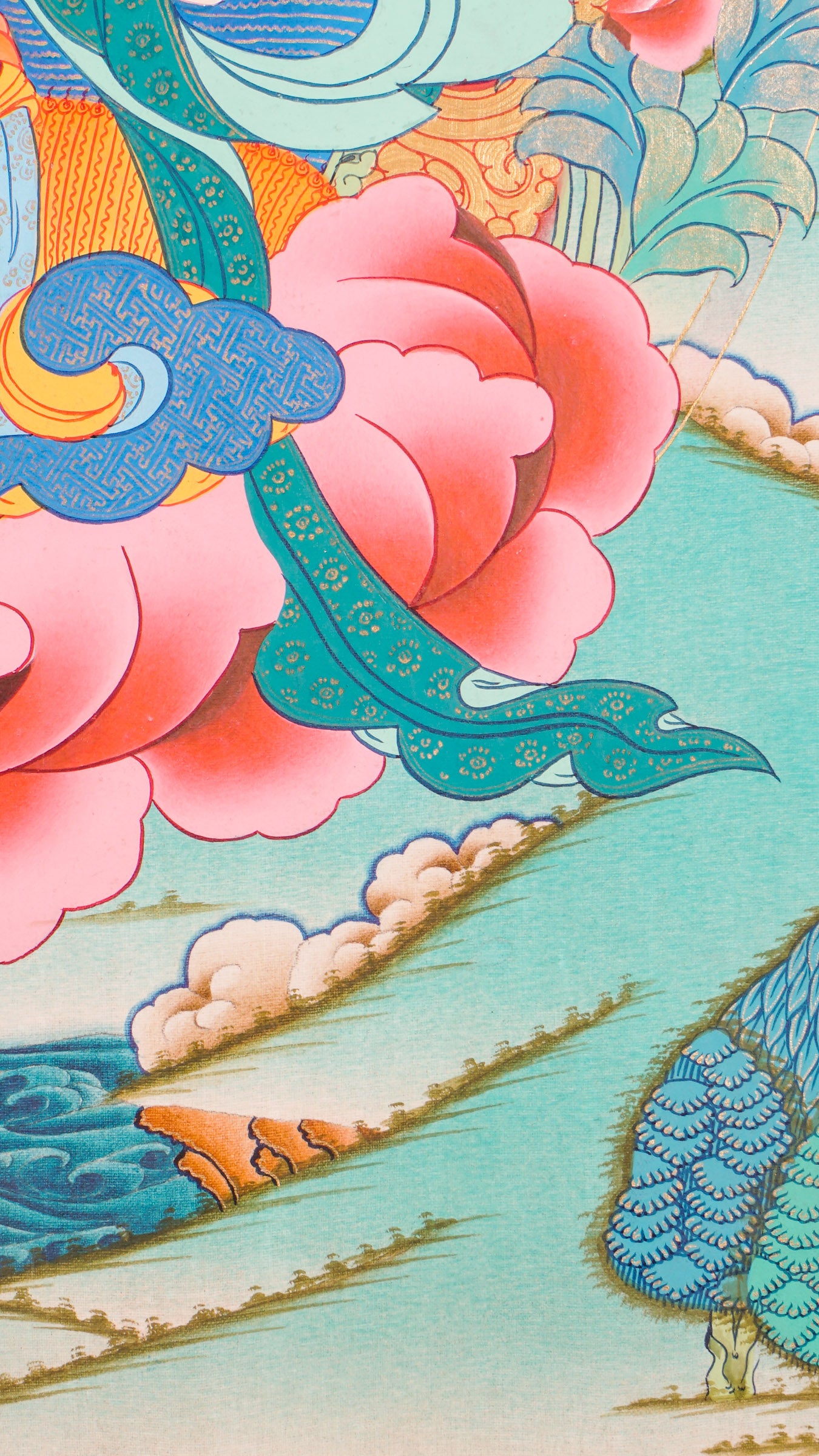 A sacred artwork of Yeshe Tsogyal seated peacefully in meditation on a radiant lotus throne, symbolizing purity and spiritual awakening.