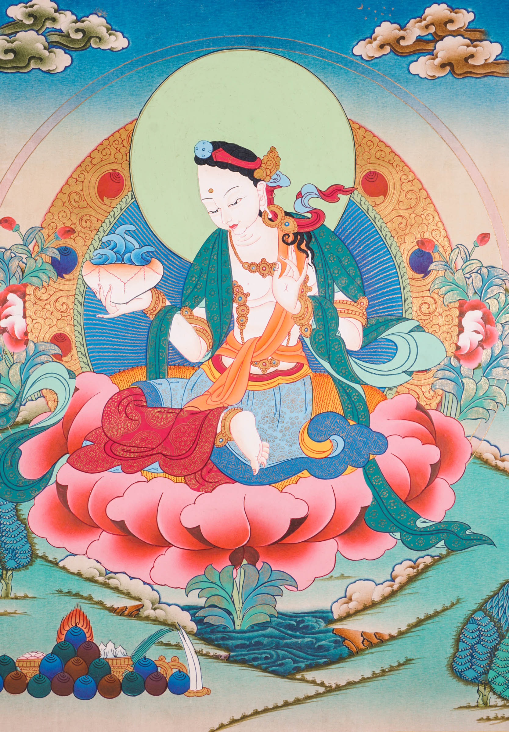 A sacred artwork of Yeshe Tsogyal seated peacefully in meditation on a radiant lotus throne, symbolizing purity and spiritual awakening.