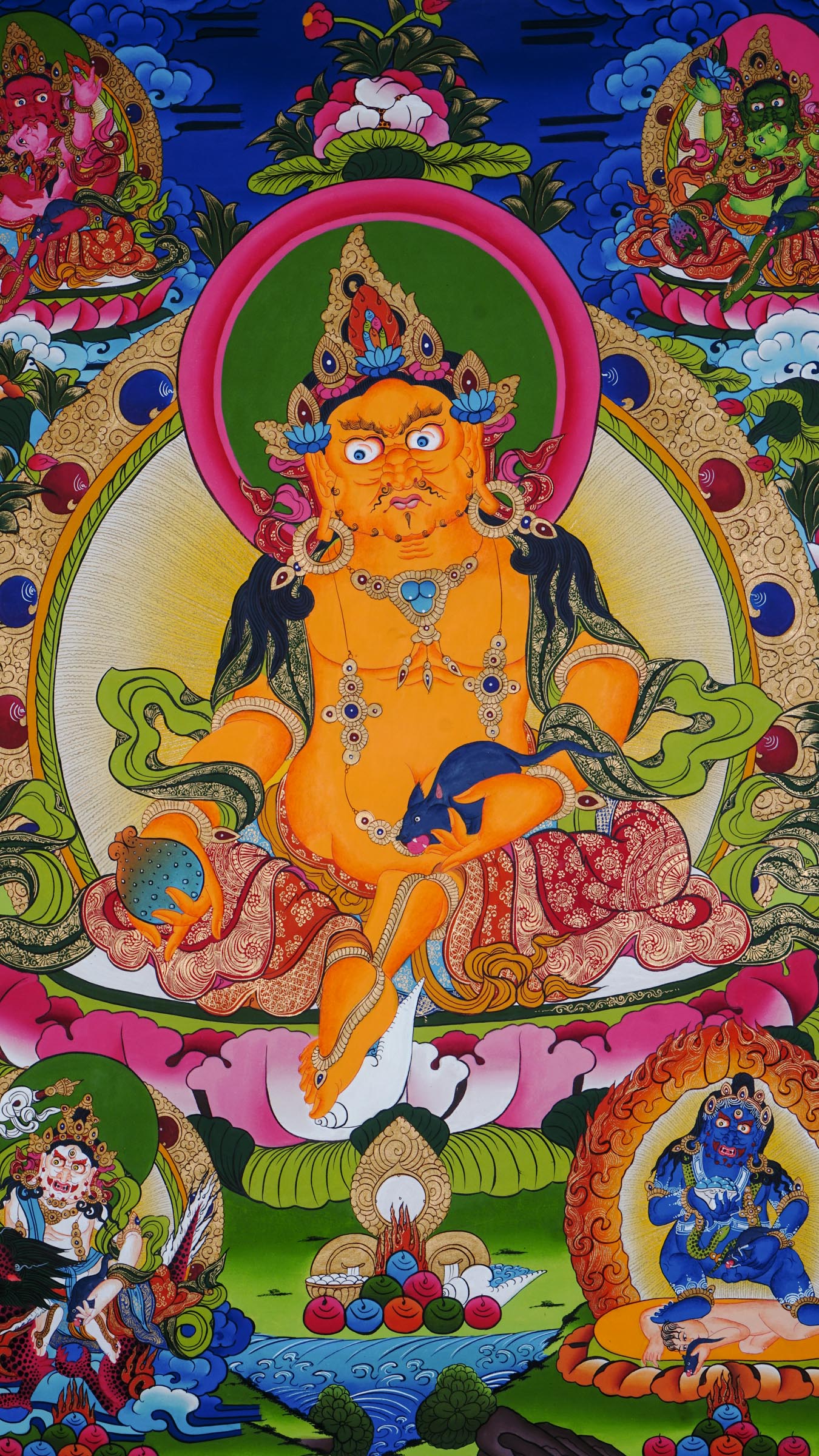Tibetan Buddhist thangka painting of Yellow Zambala (Jambhala), hand-painted in Nepal with natural mineral pigments and 24k gold, surrounded by four Zambala forms in each corner.