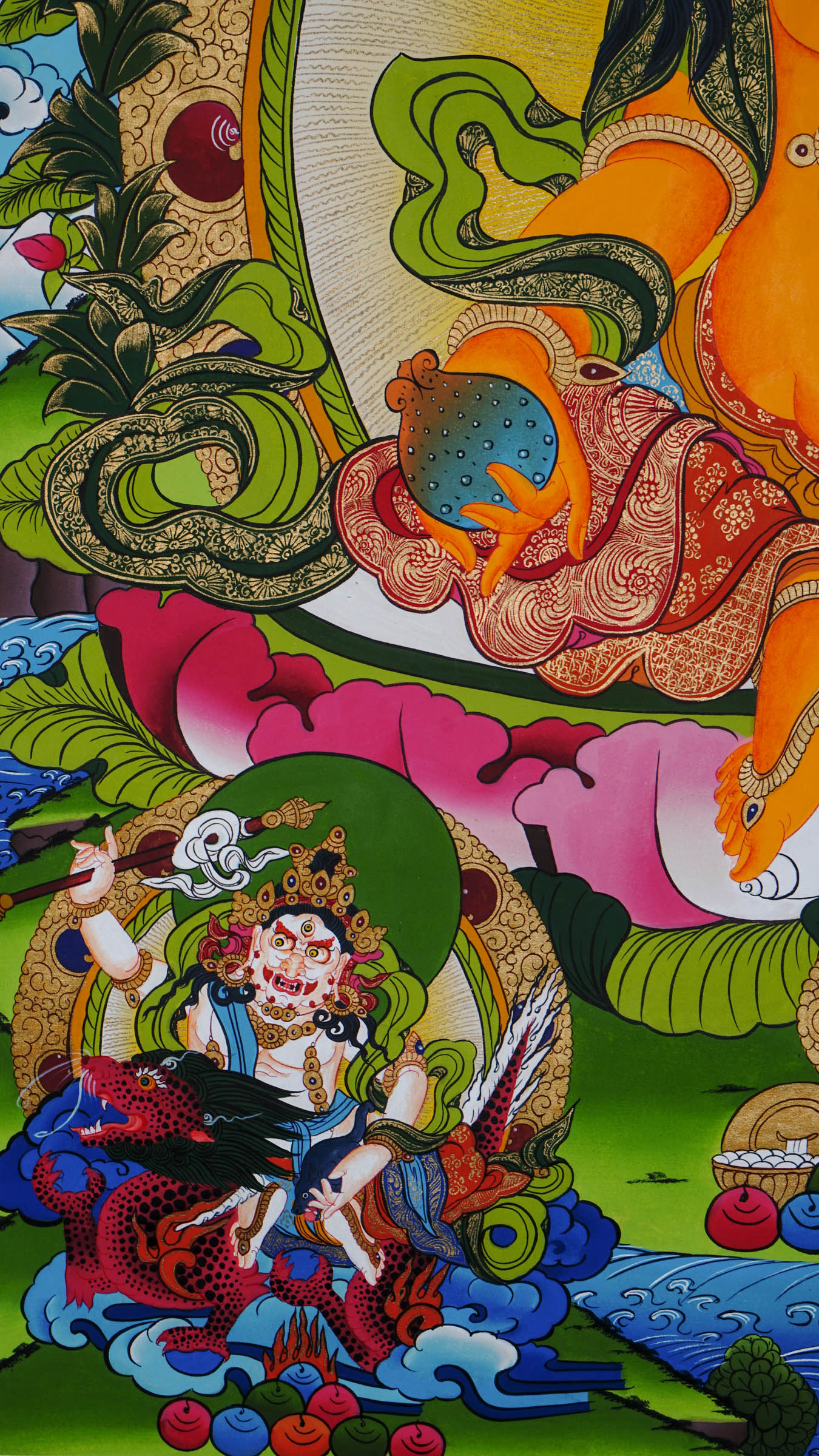 Tibetan Buddhist thangka painting of Yellow Zambala (Jambhala), hand-painted in Nepal with natural mineral pigments and 24k gold, surrounded by four Zambala forms in each corner.