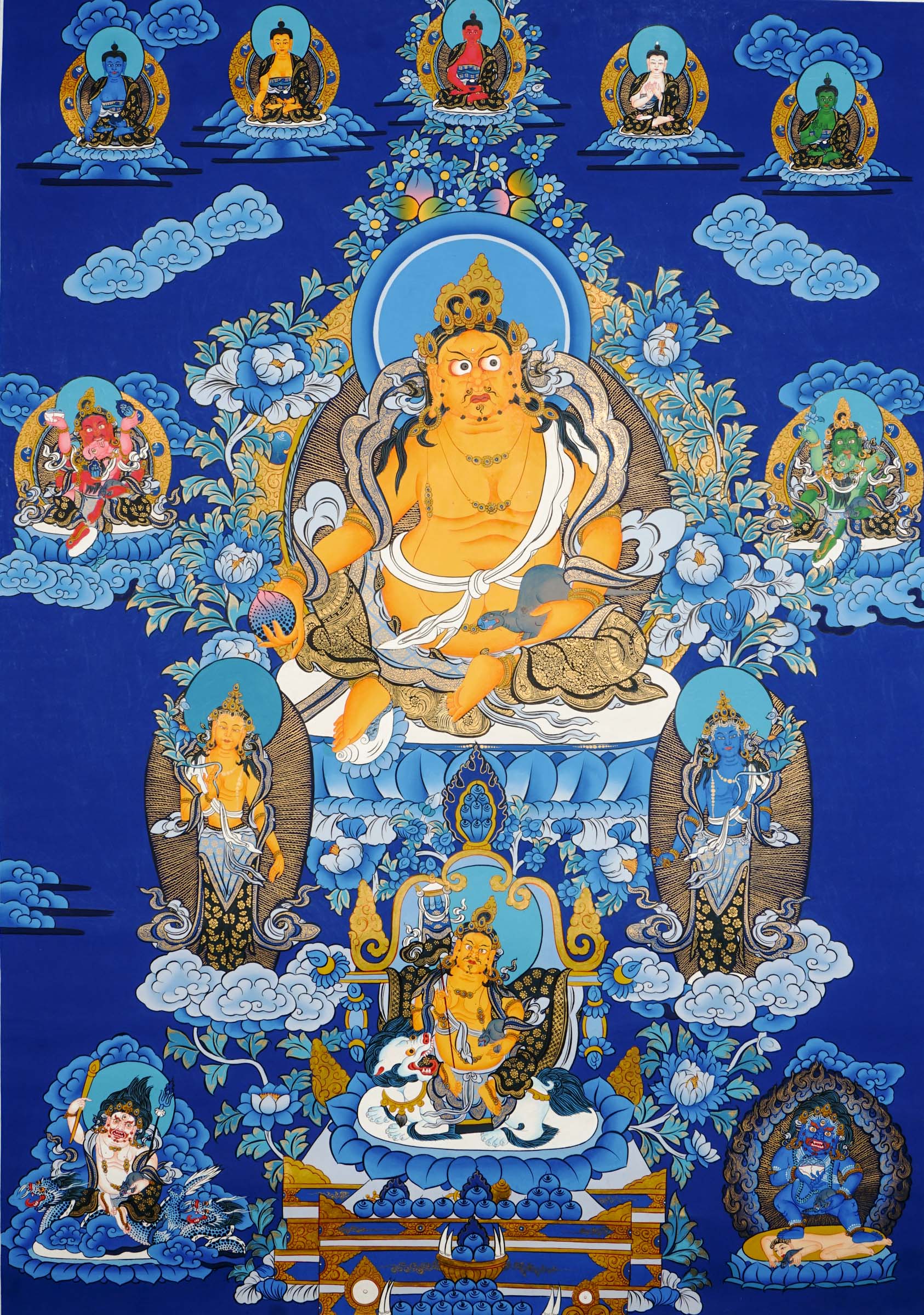 Tibetan thangka painting of Zambala, Buddhist god of wealth, handcrafted in Nepal with natural mineral pigments and 24k gold details, surrounded by deities and lotus motifs.