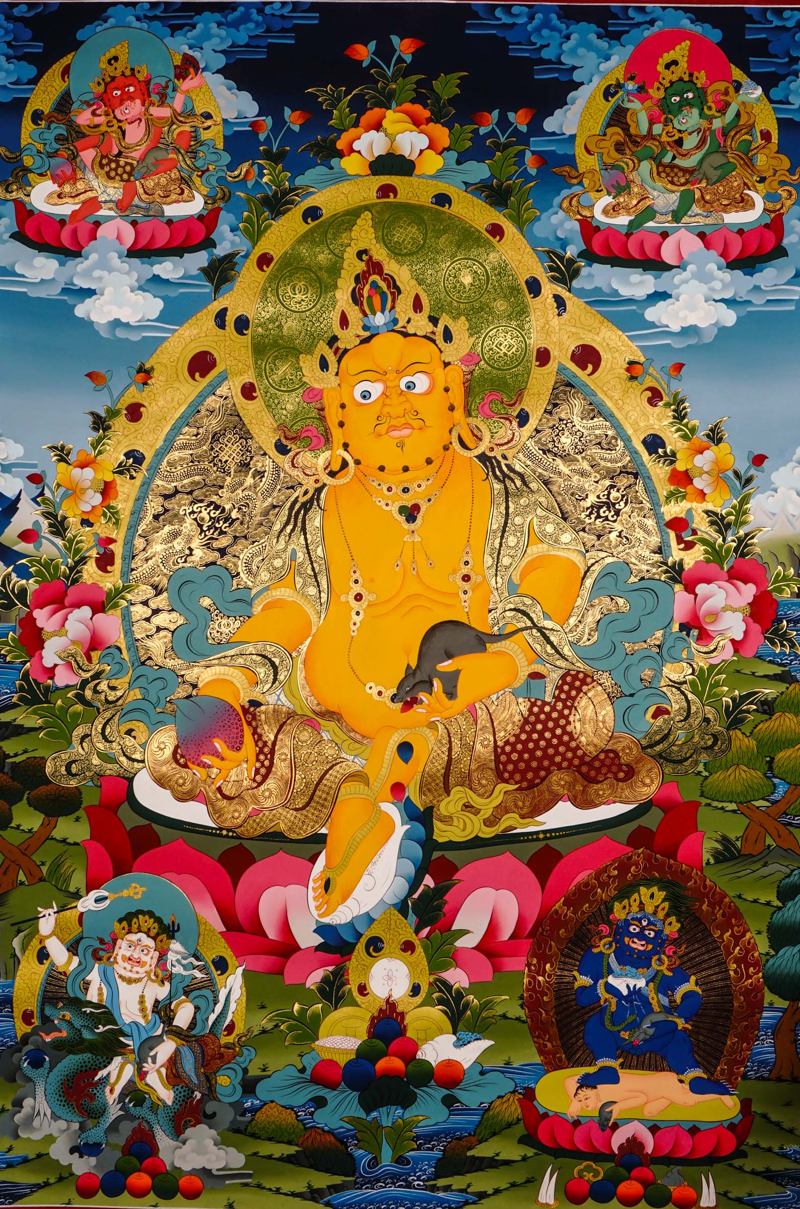 Zambala is a Tibetan Buddhist deity of wealth and prosperity. This genuine hand-painted thangka shows him holding a jewel-spouting mongoose and citron fruit, symbols of abundance and success. Made with natural mineral pigments on authentic canvas, this thangka attracts wealth, removes obstacles, and supports spiritual growth.