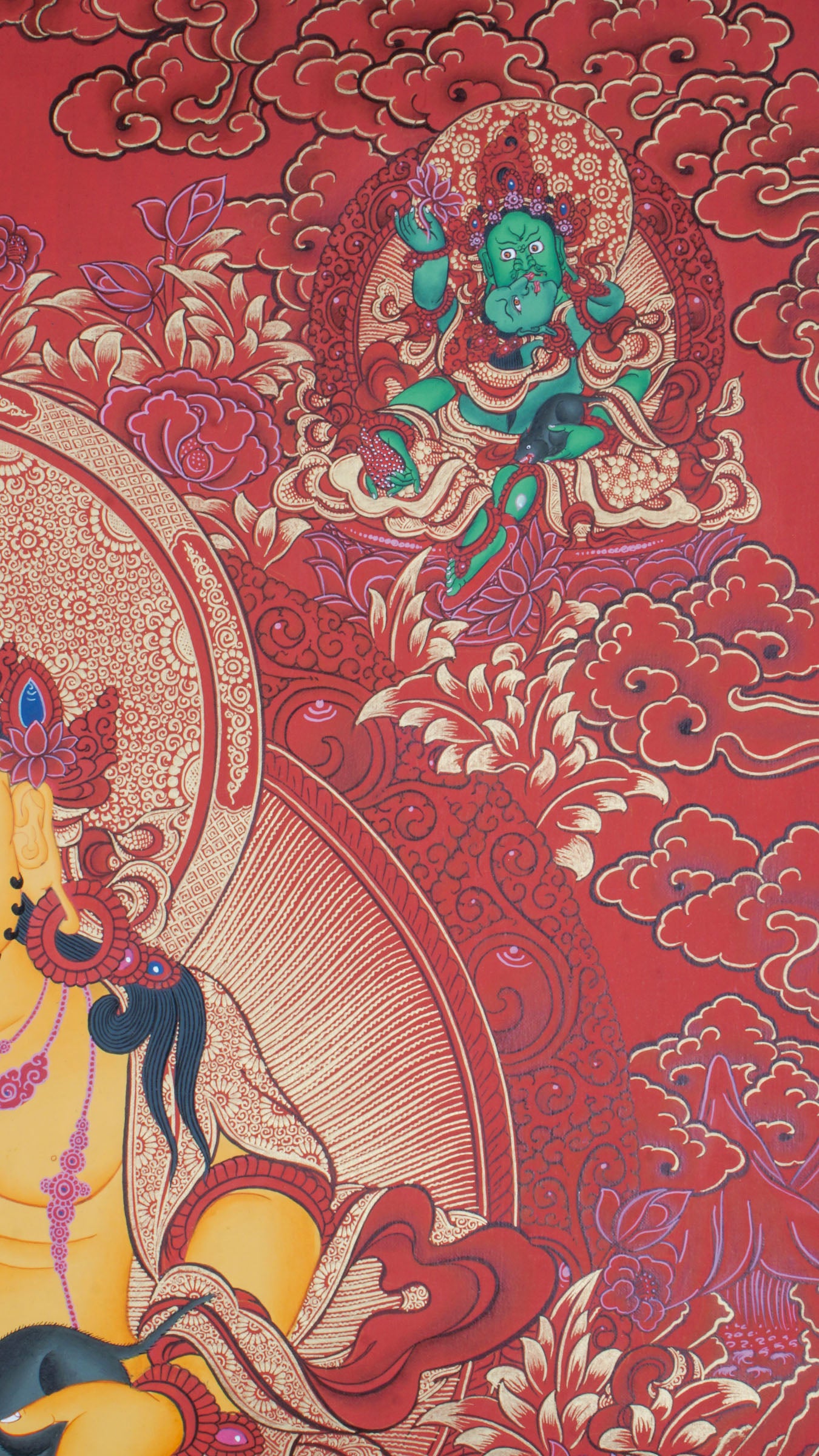 The Zambala Thangka is a genuine Tibetan Buddhist artwork symbolizing wealth, abundance, and protection. Hand-painted with vibrant colors, this authentic thangka attracts prosperity and spiritual growth, making it a powerful addition to your sacred space.