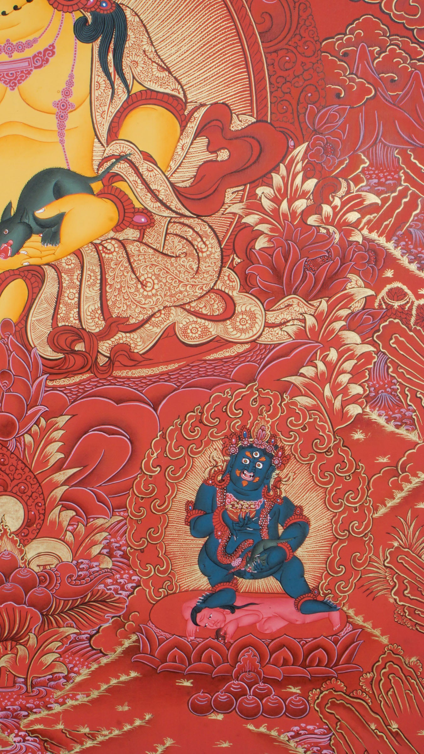 The Zambala Thangka is a genuine Tibetan Buddhist artwork symbolizing wealth, abundance, and protection. Hand-painted with vibrant colors, this authentic thangka attracts prosperity and spiritual growth, making it a powerful addition to your sacred space.
