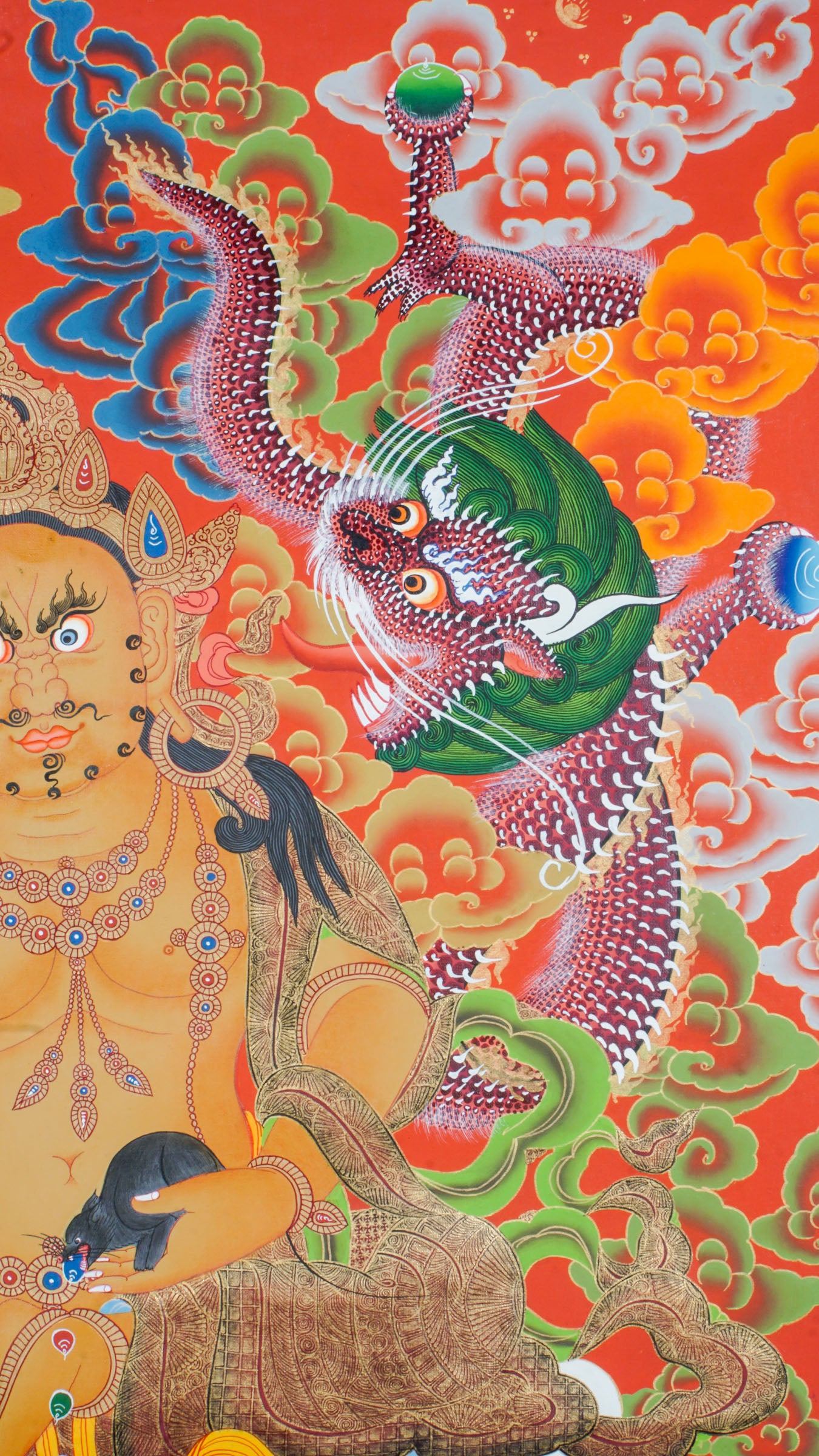 Genuine Tibetan Buddhist Zambala Thangka. Symbol of wealth, prosperity, and protection. Hand-painted with rich colors and details. Perfect for meditation, altar, or sacred space. Invites abundance and removes obstacles.