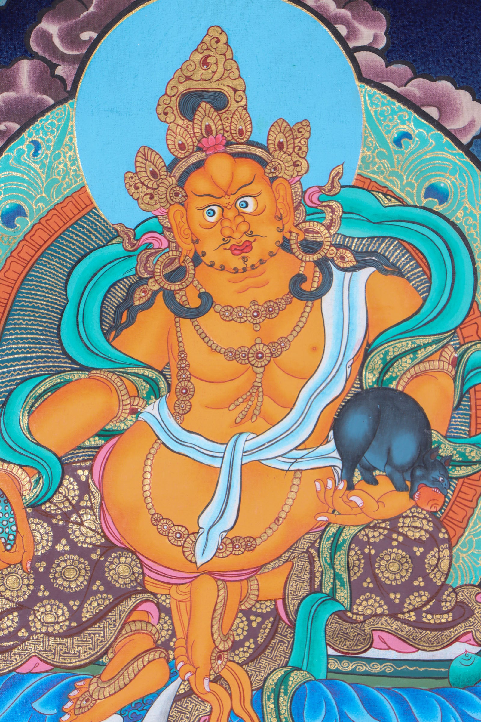 This Tibetan Thangka of Zambala, the Buddhist deity of wealth and abundance, is hand-painted on cotton canvas with natural mineral pigments. A genuine Thangka for prosperity and spiritual well-being, it radiates the blessings of Zambala through intricate detail and vibrant symbolism.