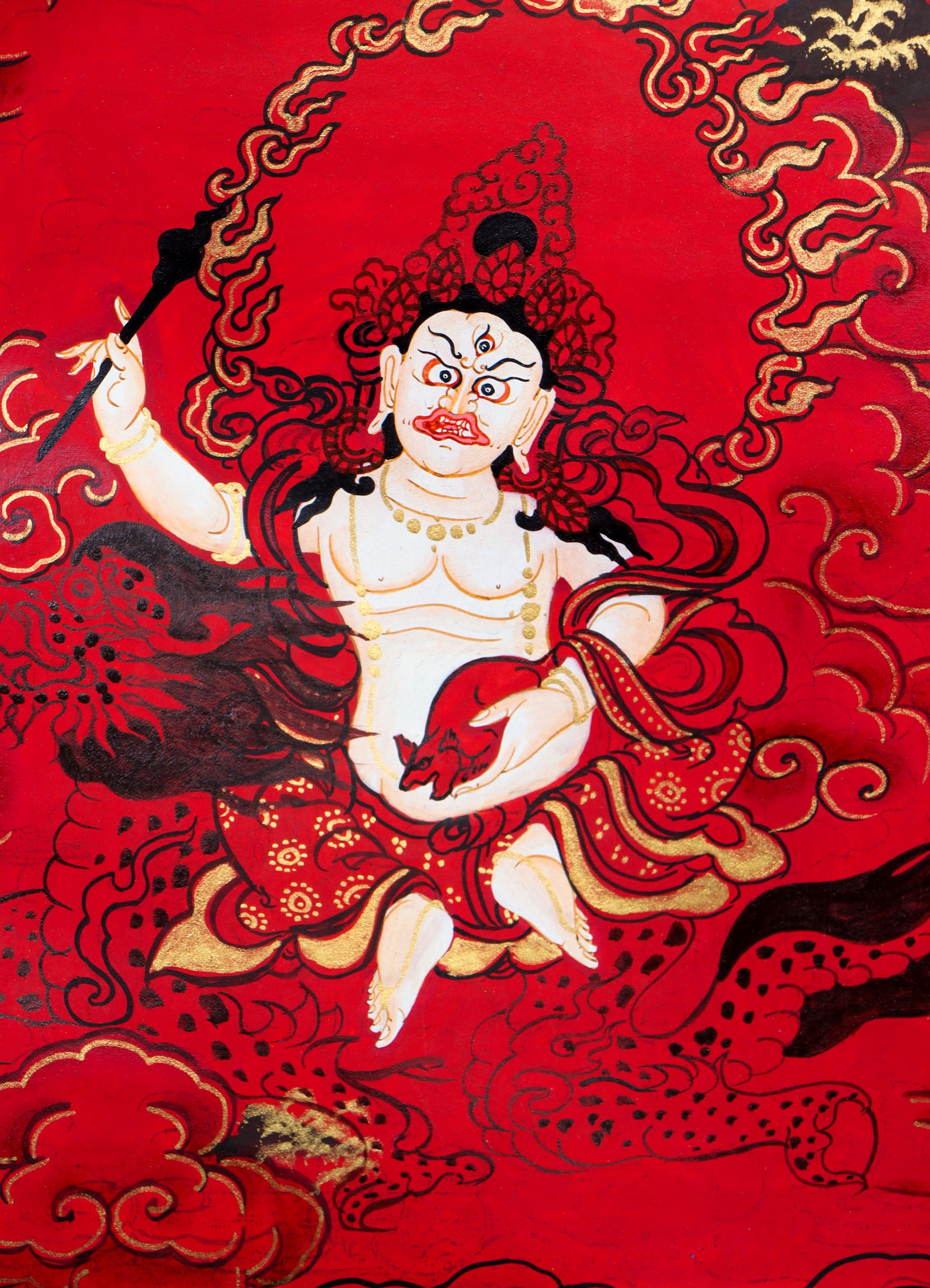 This Tibetan Thangka of Zambala, the Buddhist god of wealth, is handcrafted with traditional pigments to invite abundance and prosperity. A powerful symbol of generosity, it blends sacred meaning with genuine Himalayan artistry.