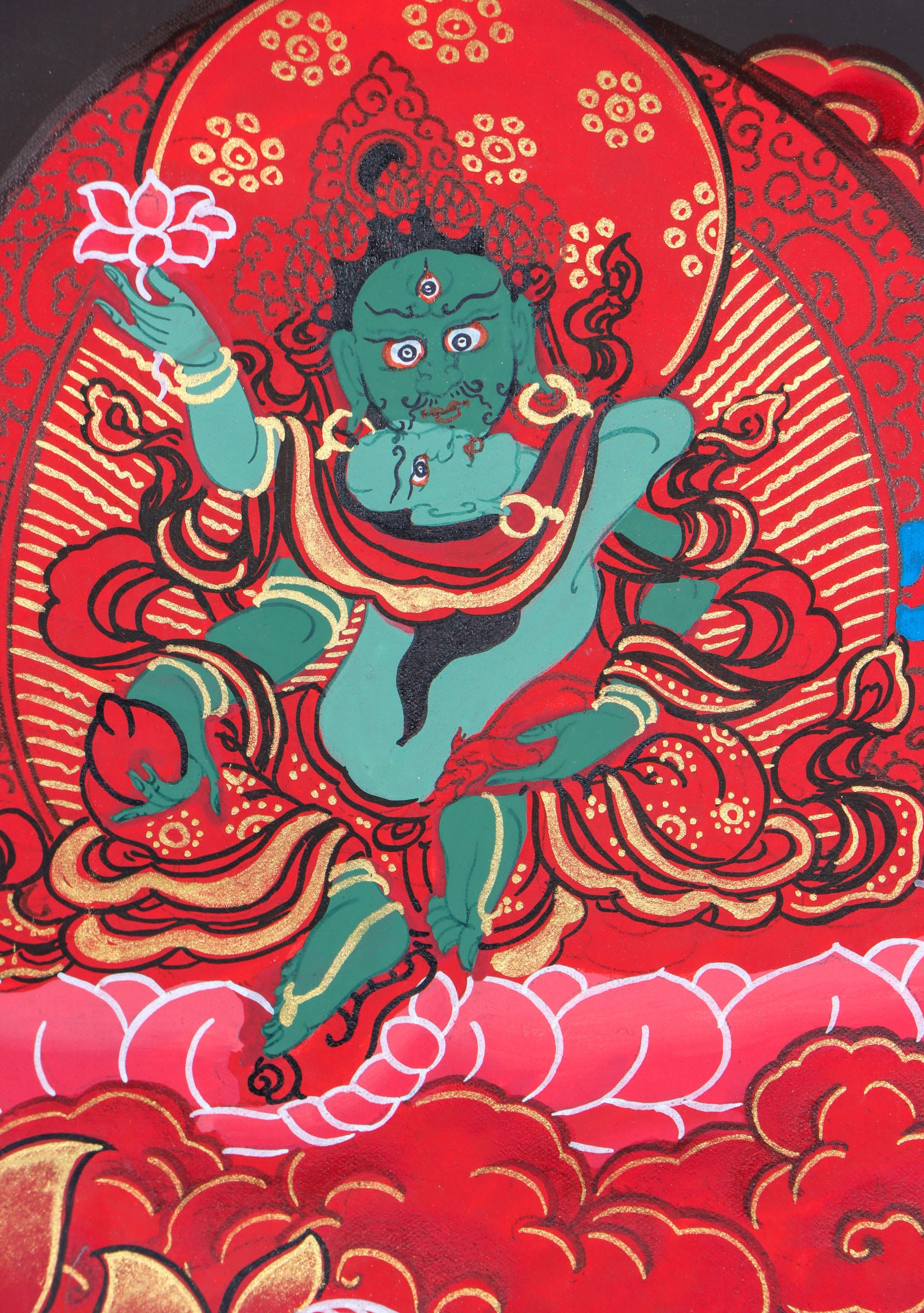 This Tibetan Thangka of Zambala, the Buddhist god of wealth, is handcrafted with traditional pigments to invite abundance and prosperity. A powerful symbol of generosity, it blends sacred meaning with genuine Himalayan artistry.