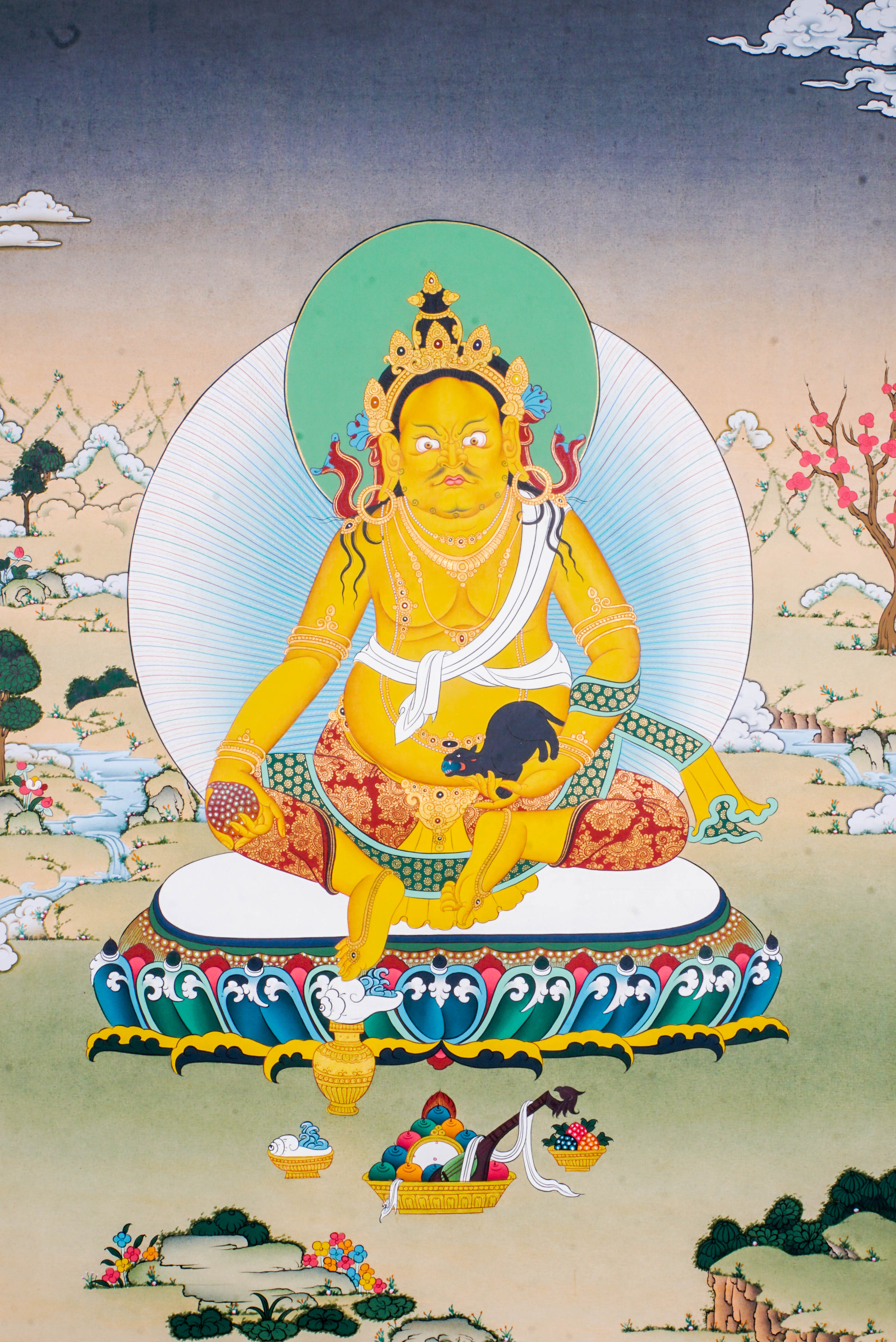 Zambala Thangka Painting features Zambala, the Tibetan Buddhist deity of wealth and prosperity, symbolizing abundance and success. Handcrafted by skilled artisans with intricate designs and natural pigments, this authentic Tibetan artwork embodies blessings of financial fortune and spiritual growth, making it a powerful symbol of prosperity and compassion.