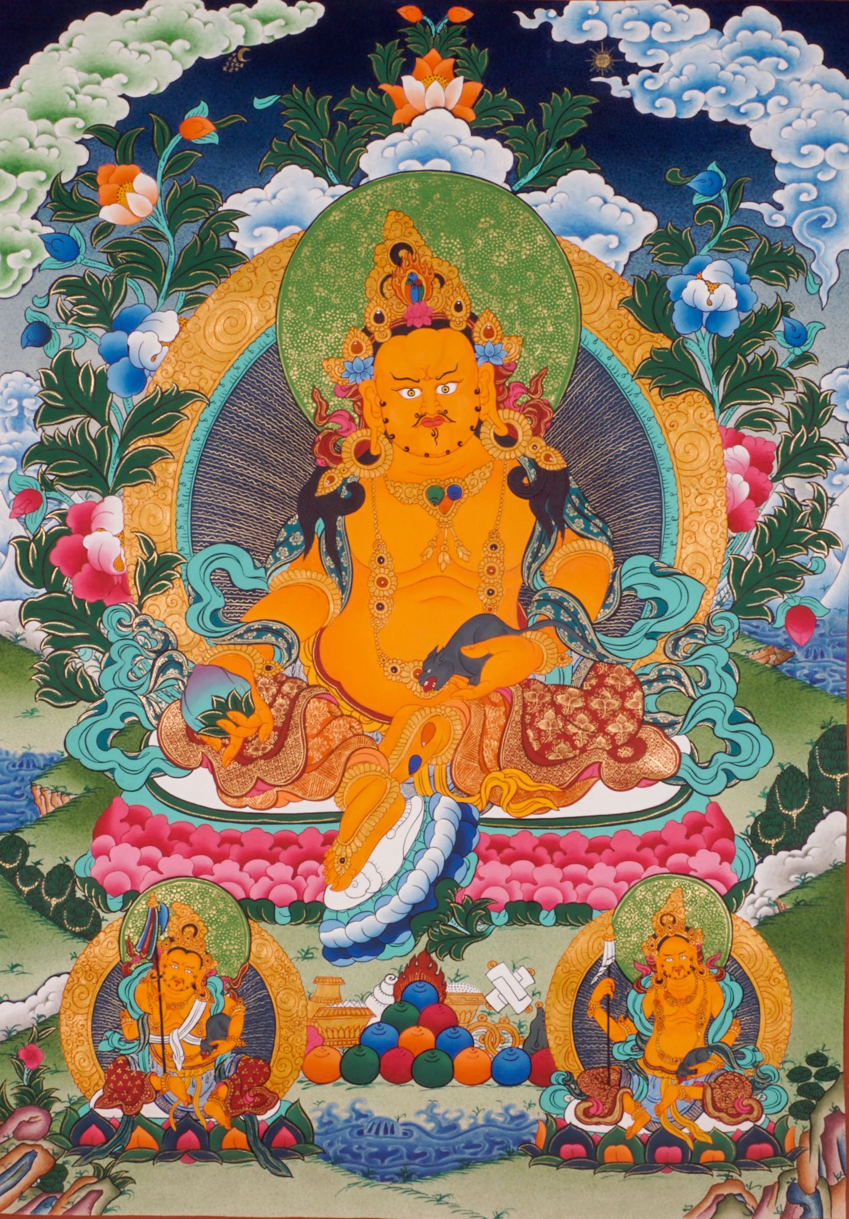 Zambala Thangka is a genuine Tibetan Buddhist artwork of the deity of wealth. It symbolizes prosperity, success, and spiritual protection. Ideal for meditation and home altars.