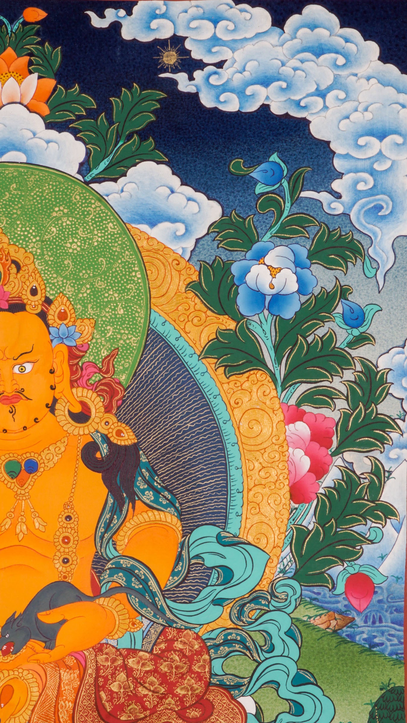 Zambala Thangka is a genuine Tibetan Buddhist artwork of the deity of wealth. It symbolizes prosperity, success, and spiritual protection. Ideal for meditation and home altars.