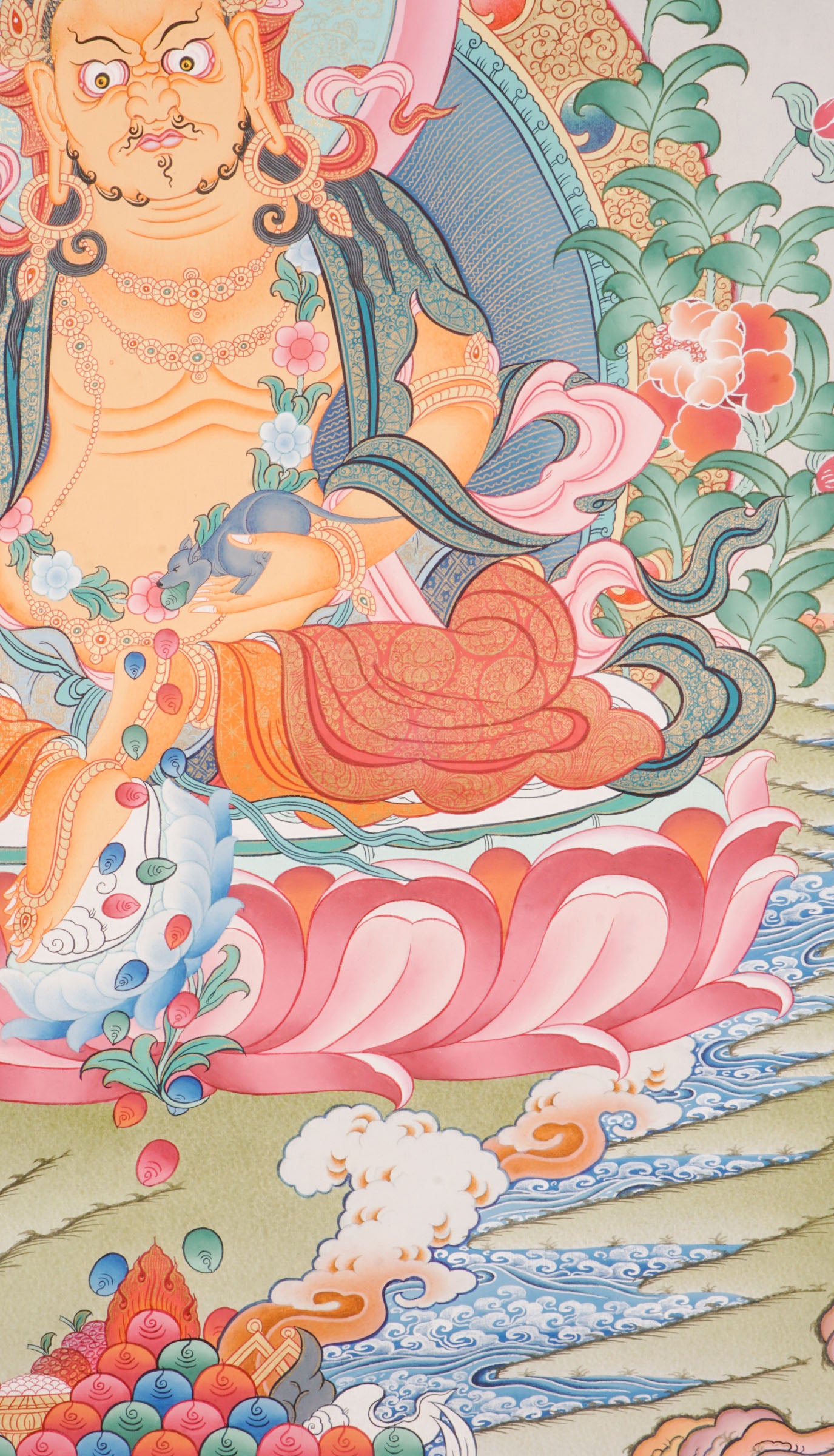 Zambala Thangka is a genuine Tibetan Buddhist artwork of the wealth deity. Hand-painted and vibrant, it symbolizes prosperity, protection, and removal of obstacles. Perfect for meditation, altar display, or as a meaningful gift to invite abundance and spiritual growth.