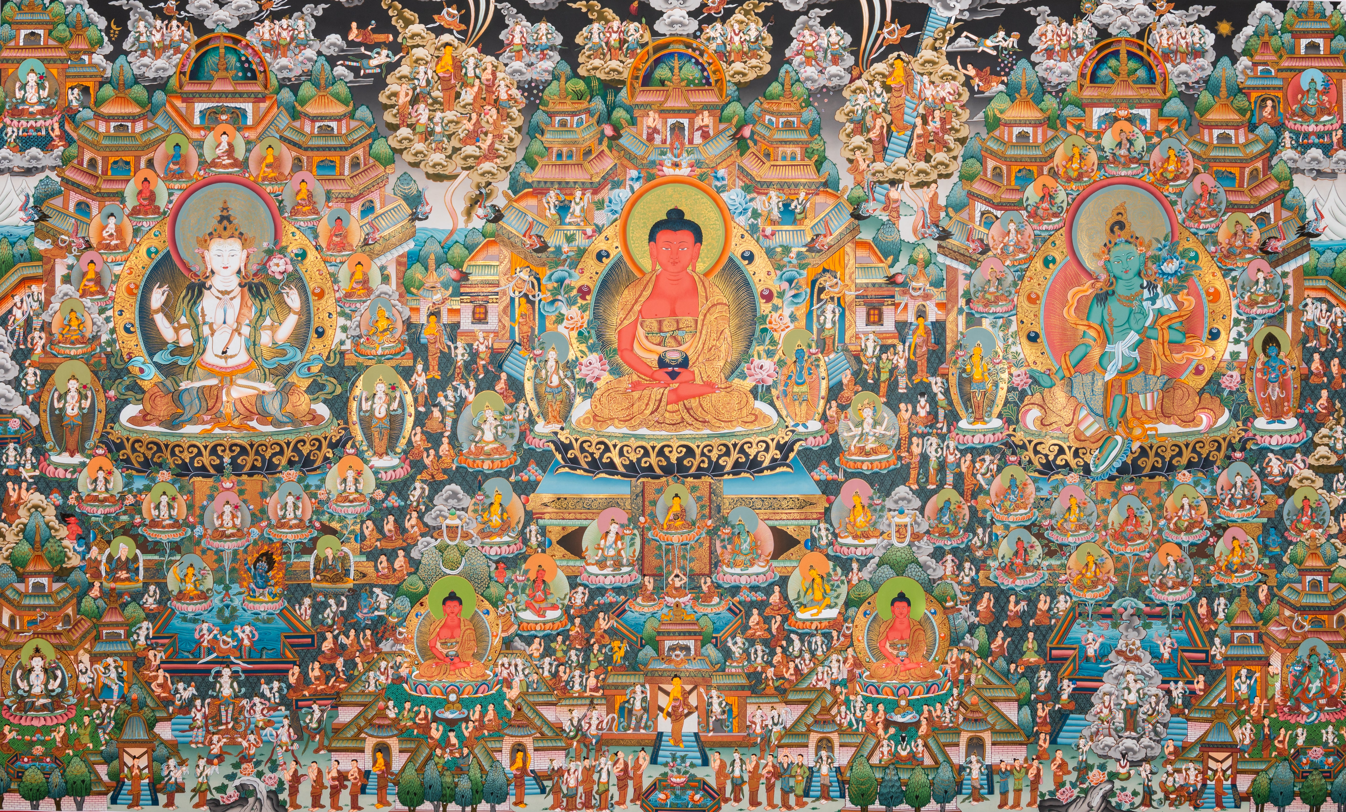 Tibetan Buddhist thangka painting of Amitābha Buddha seated at the center in meditation posture holding an alms bowl, flanked by Avalokiteśvara (Chenrezig) and Green Tārā, set within the celestial Pure Land of Sukhāvatī featuring ornate palace architecture, lotus thrones, countless bodhisattvas, disciples, offering goddesses, and devotees, intricately hand-painted in traditional Tibetan style using natural mineral pigments.