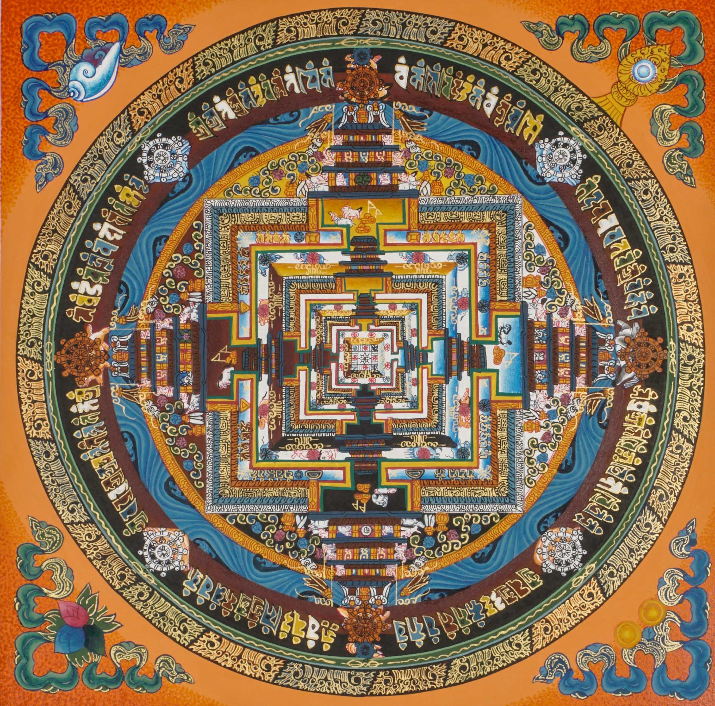 Kalachakra Mandala Thangka wall hanging with intricate hand-painted Wheel of Time design, vibrant colors, elemental circles, and numerous Tibetan Buddhist deities symbolizing wisdom, compassion, and spiritual enlightenment.