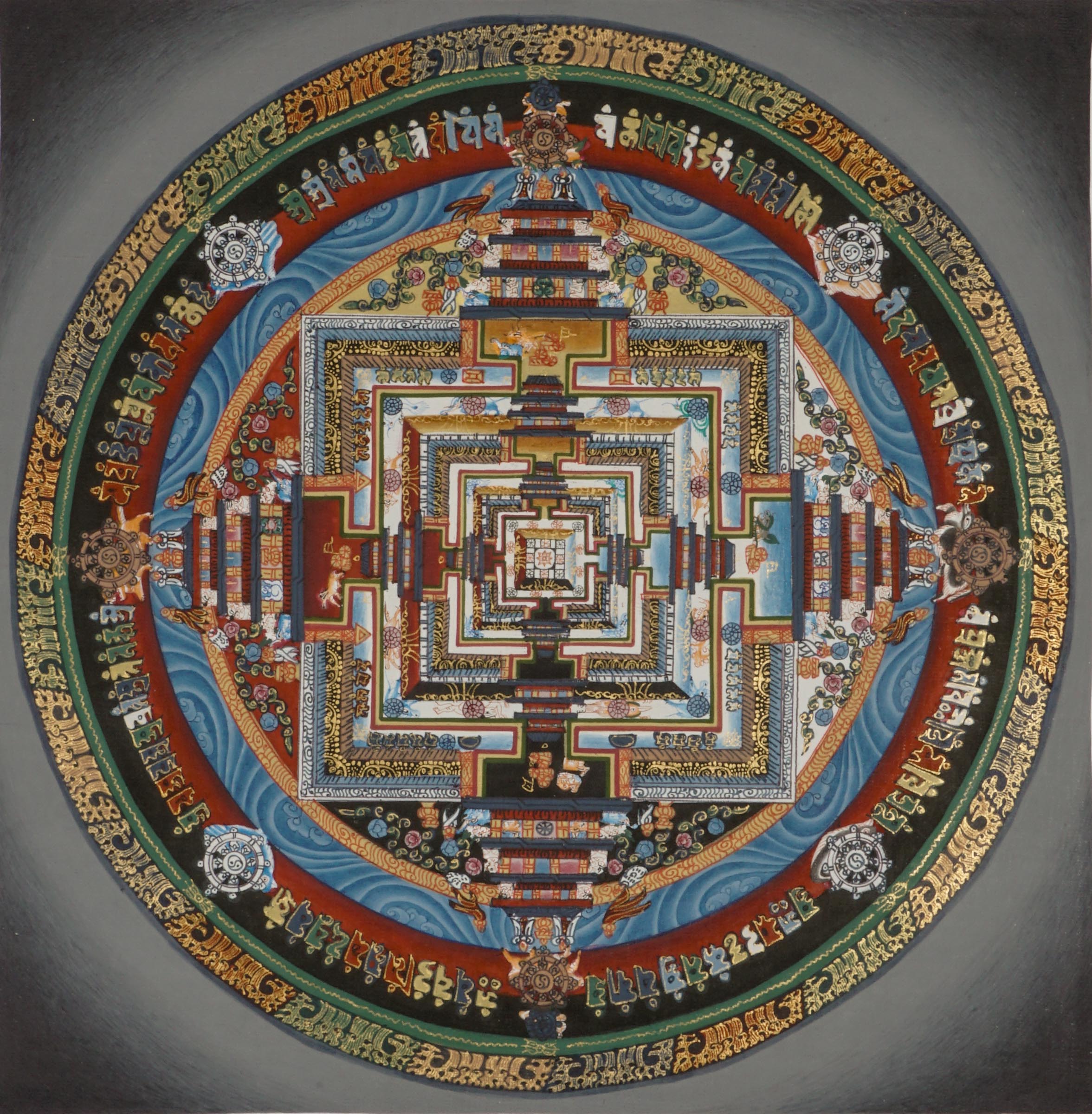 Kalachakra Mandala Tibetan Thangka showing Wheel of Time, a genuine Buddhist thangka used for meditation and spiritual practice.