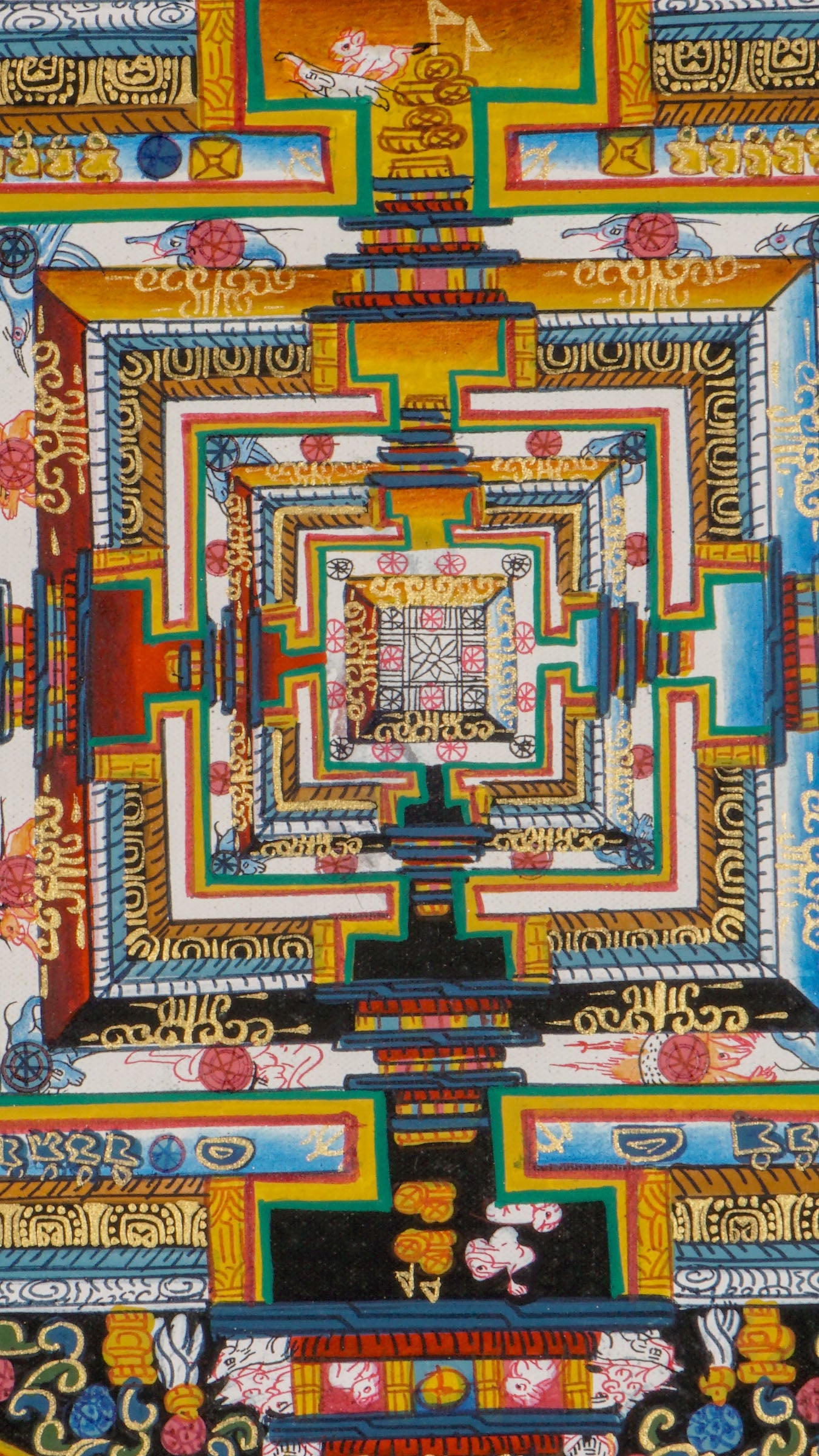 Kalachakra Mandala Thangka Wall Hanging featuring hand-painted details of the Wheel of Time, elemental rings, and sacred deities representing Tibetan Buddhist teachings on wisdom and compassion.