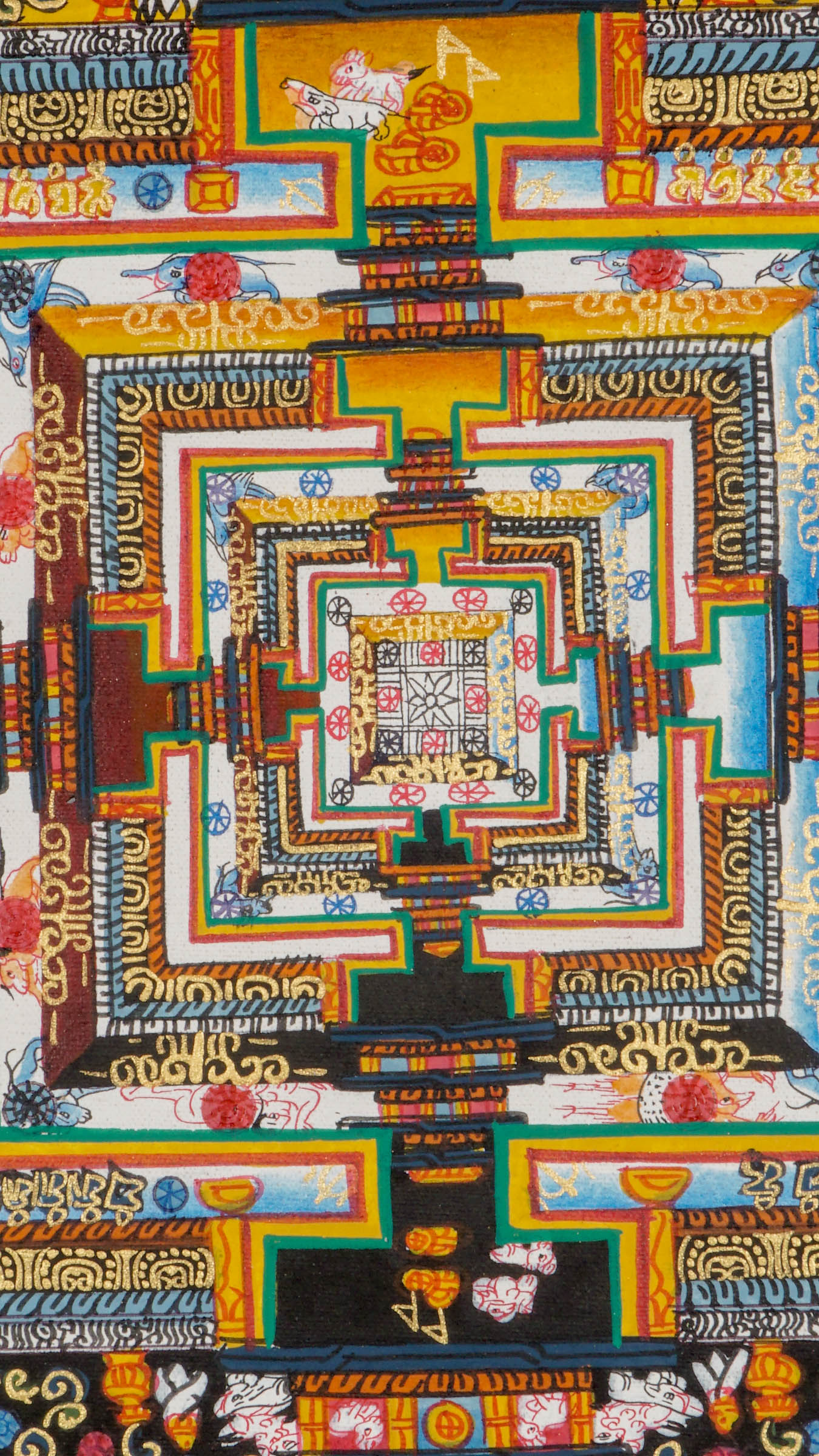 Kalachakra Mandala Thangka wall hanging with intricate hand-painted Wheel of Time design, vibrant colors, elemental circles, and numerous Tibetan Buddhist deities symbolizing wisdom, compassion, and spiritual enlightenment.