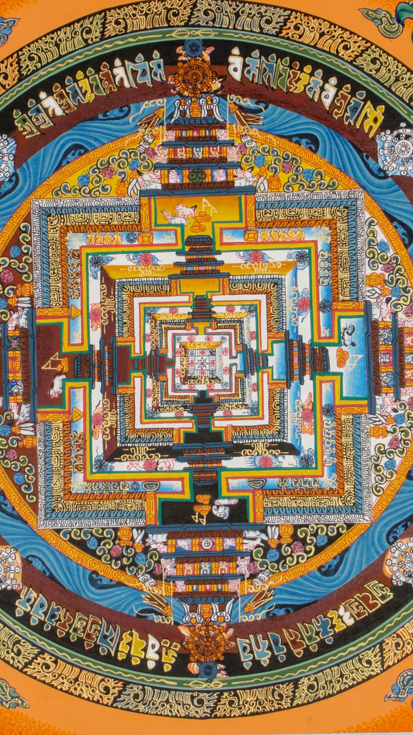 Kalachakra Mandala Thangka wall hanging with intricate hand-painted Wheel of Time design, vibrant colors, elemental circles, and numerous Tibetan Buddhist deities symbolizing wisdom, compassion, and spiritual enlightenment.